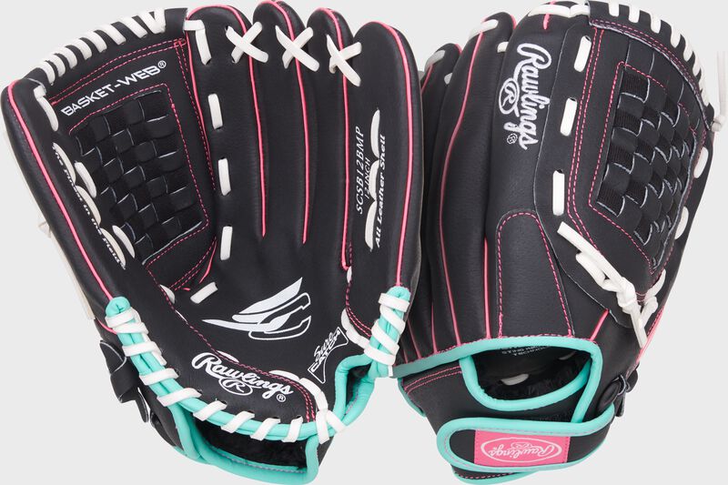 Rawlings Sure Catch Youth Series 12-Inch Softball Glove - Right Hand Thrower - Black/Mint/Pink