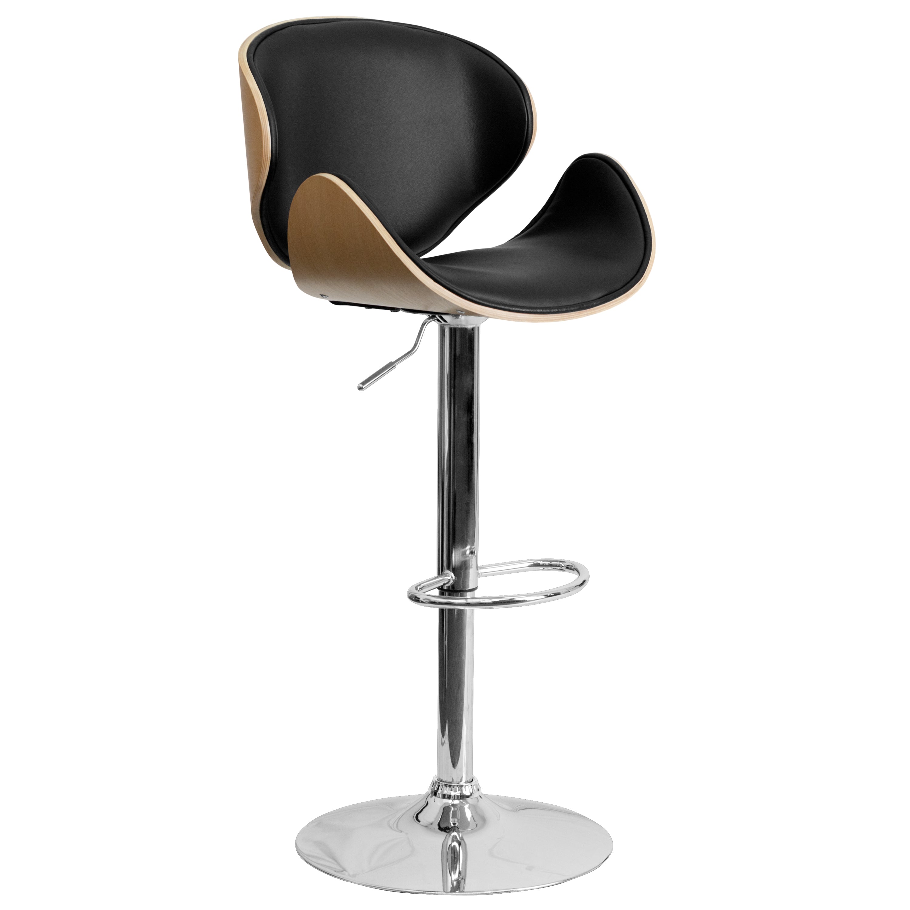 Farley Beech Bentwood Adjustable Height Barstool with Curved Back and Black Vinyl Seat