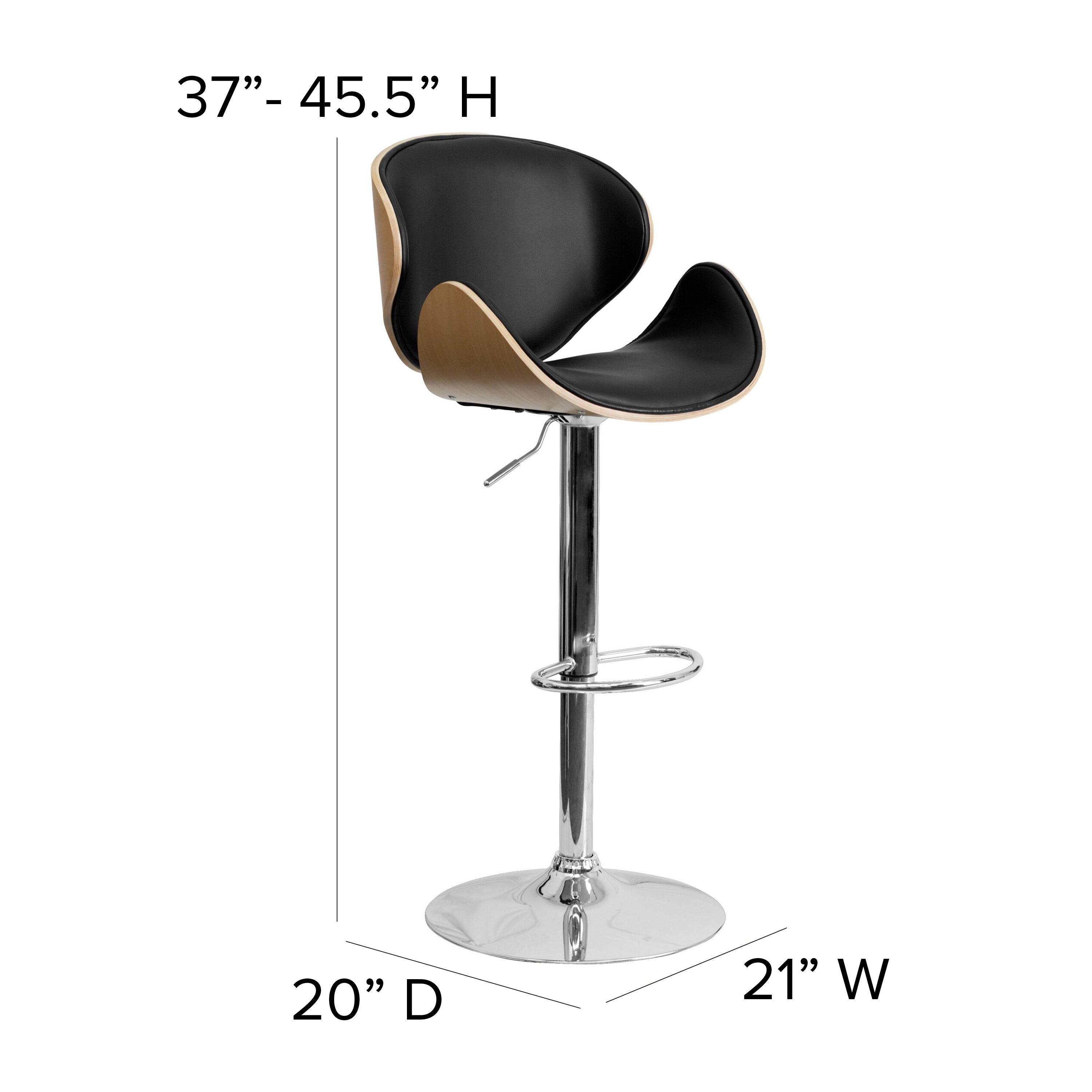 Farley Beech Bentwood Adjustable Height Barstool with Curved Back and Black Vinyl Seat
