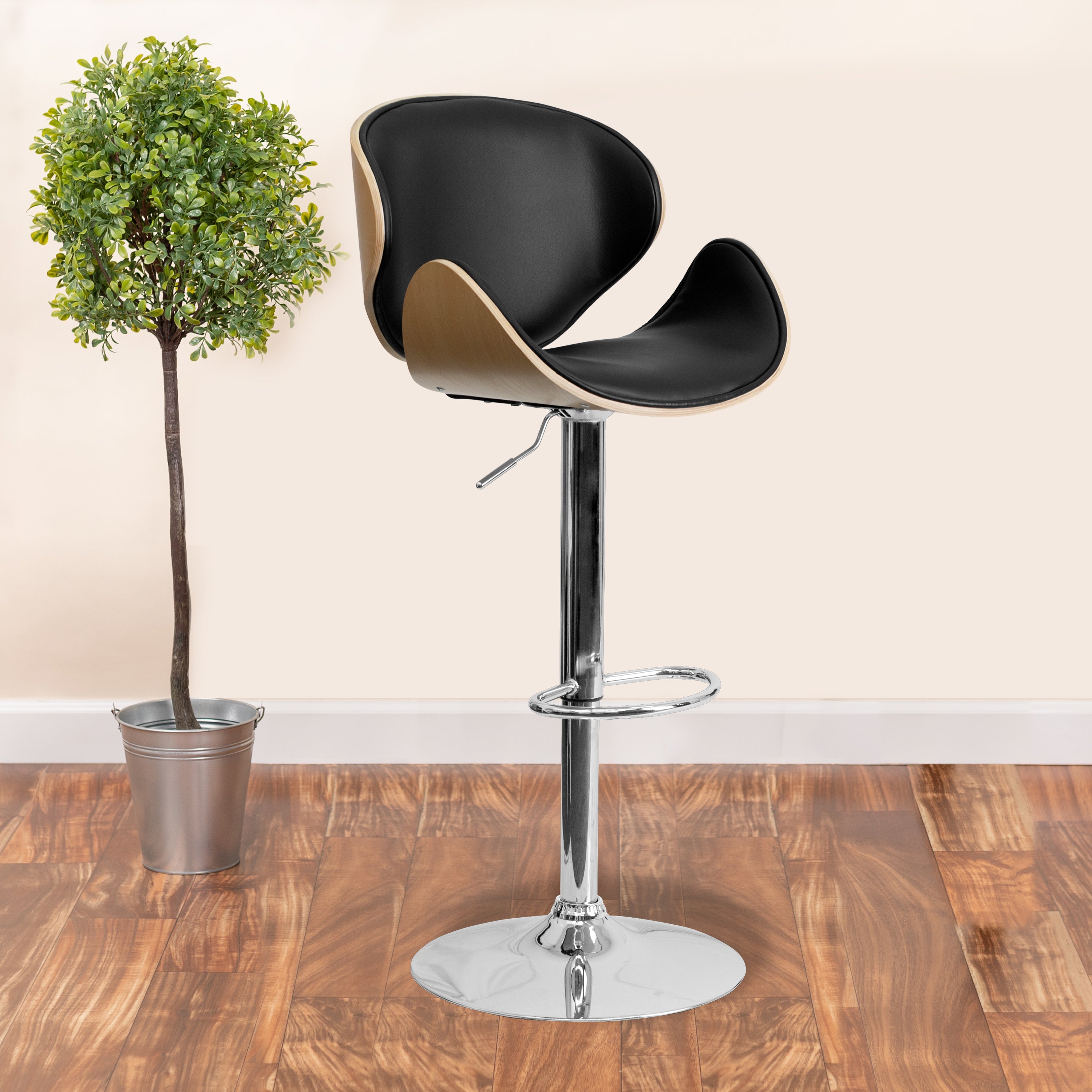 Farley Beech Bentwood Adjustable Height Barstool with Curved Back and Black Vinyl Seat