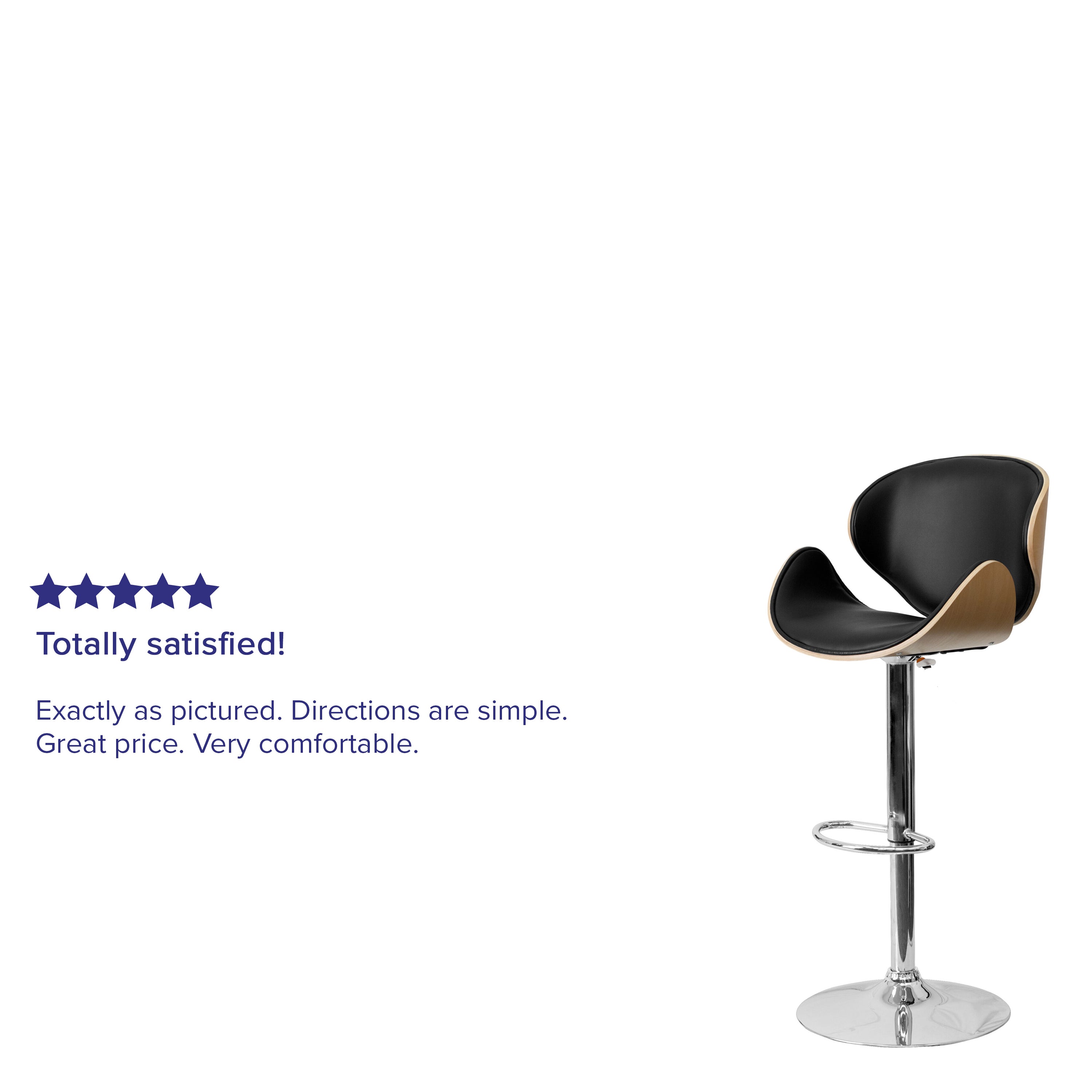 Farley Beech Bentwood Adjustable Height Barstool with Curved Back and Black Vinyl Seat
