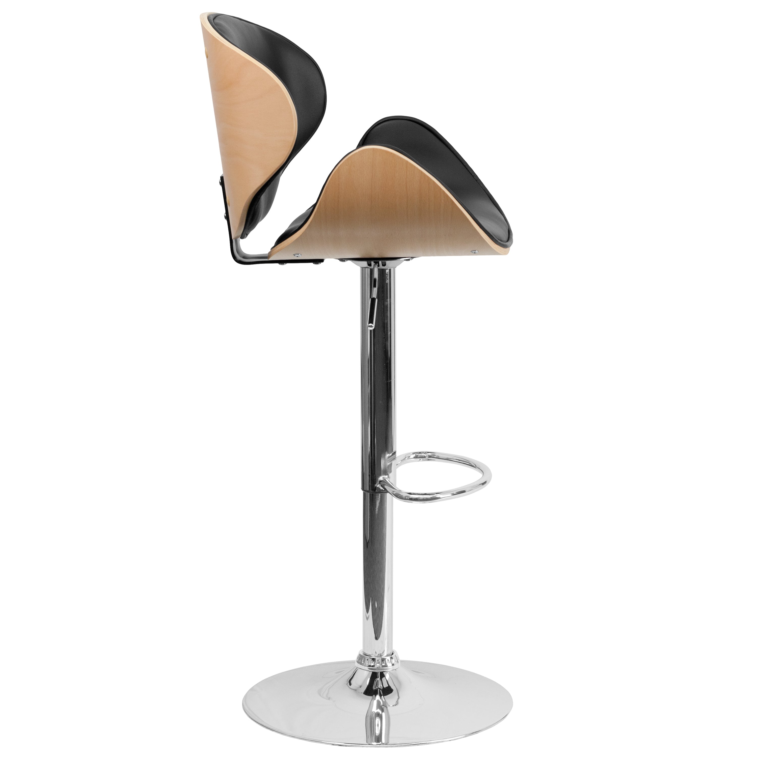 Farley Beech Bentwood Adjustable Height Barstool with Curved Back and Black Vinyl Seat