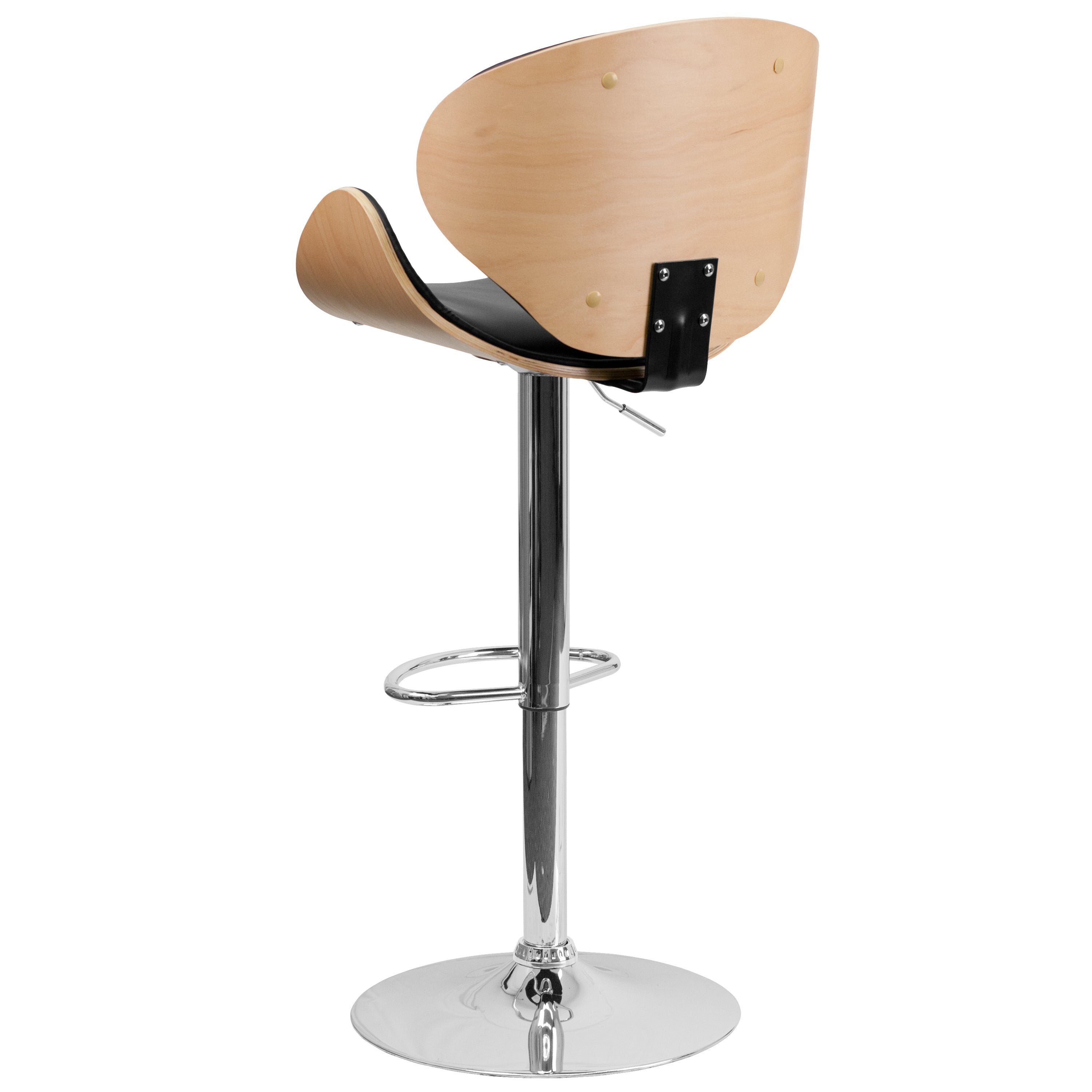 Farley Beech Bentwood Adjustable Height Barstool with Curved Back and Black Vinyl Seat