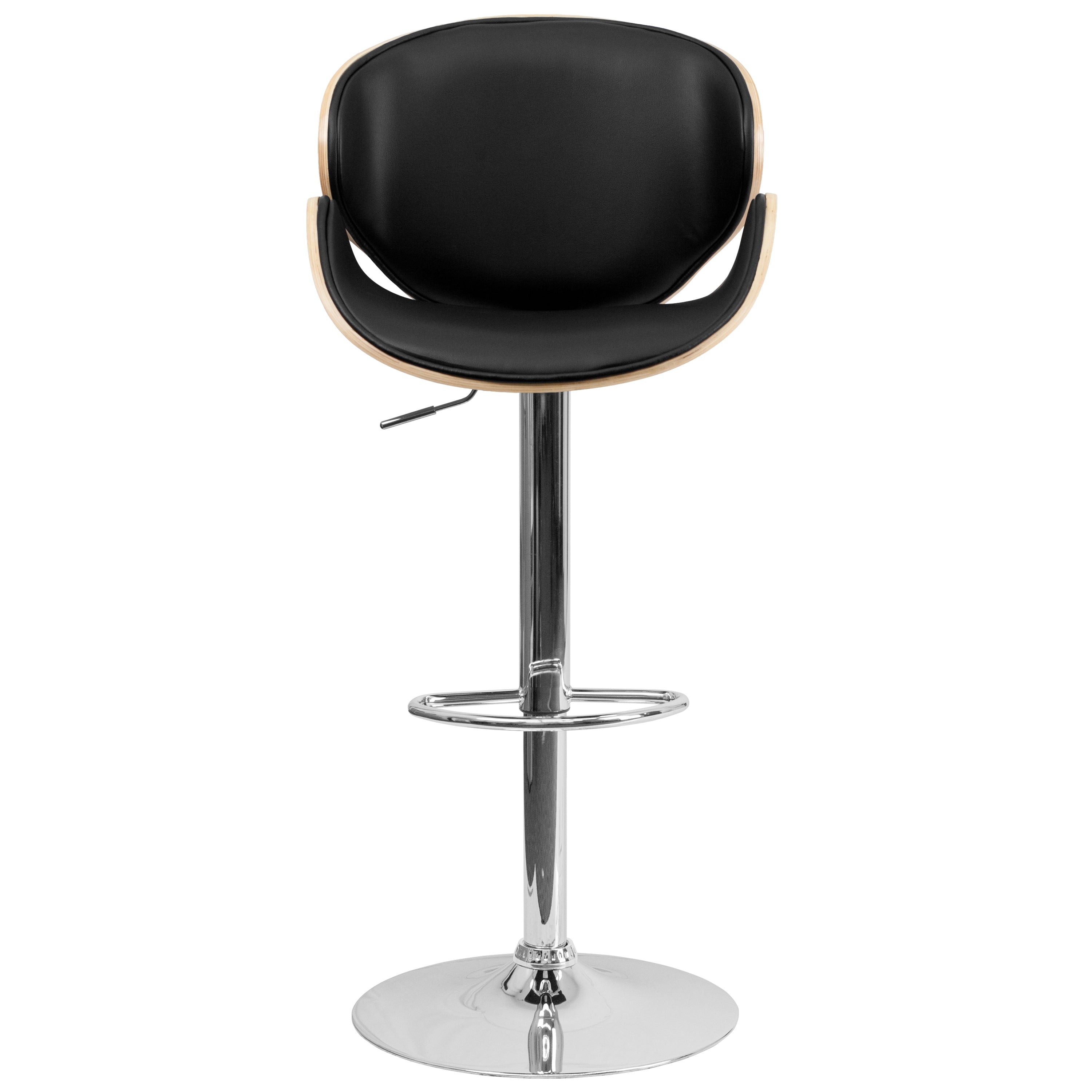 Farley Beech Bentwood Adjustable Height Barstool with Curved Back and Black Vinyl Seat