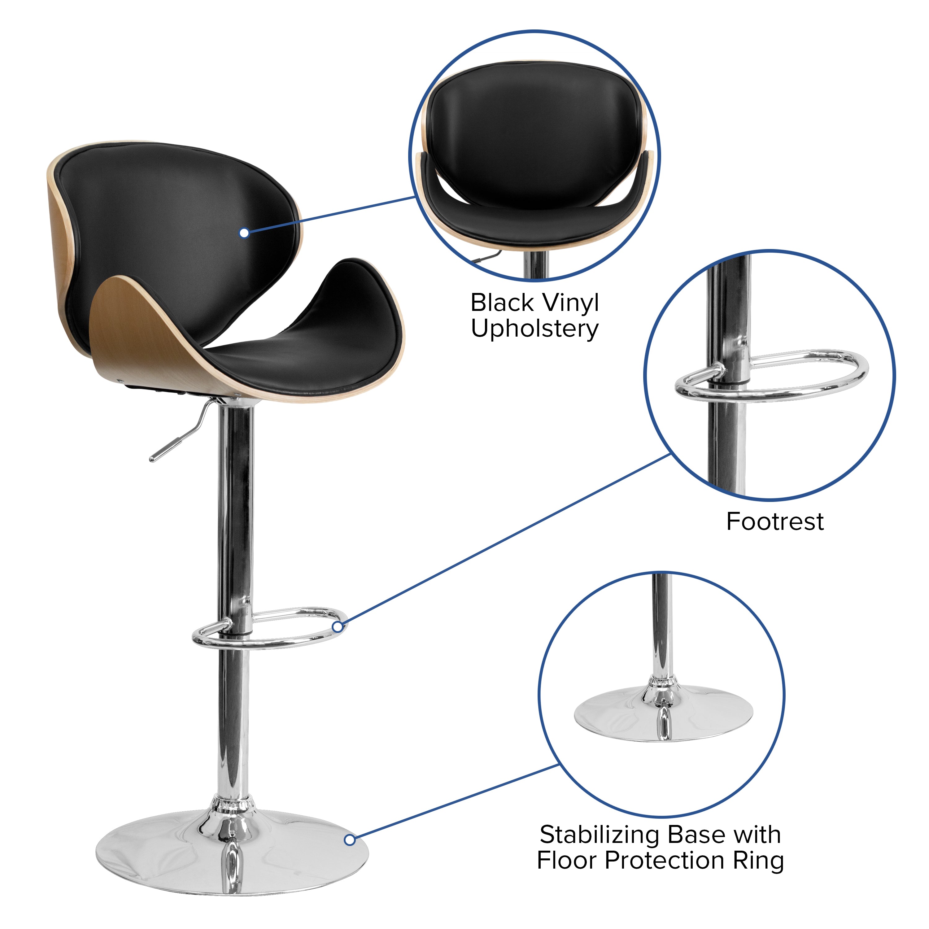Farley Beech Bentwood Adjustable Height Barstool with Curved Back and Black Vinyl Seat