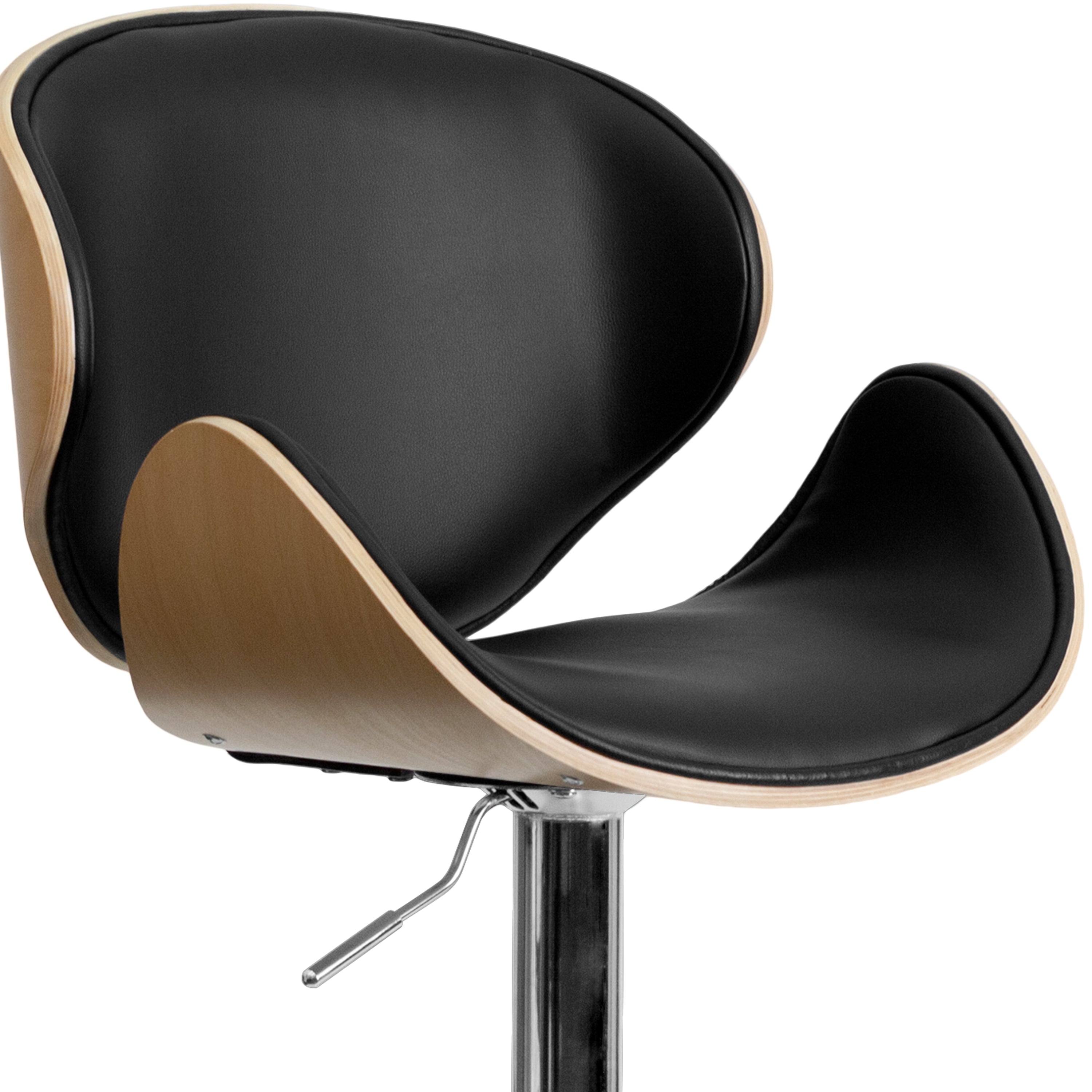 Farley Beech Bentwood Adjustable Height Barstool with Curved Back and Black Vinyl Seat