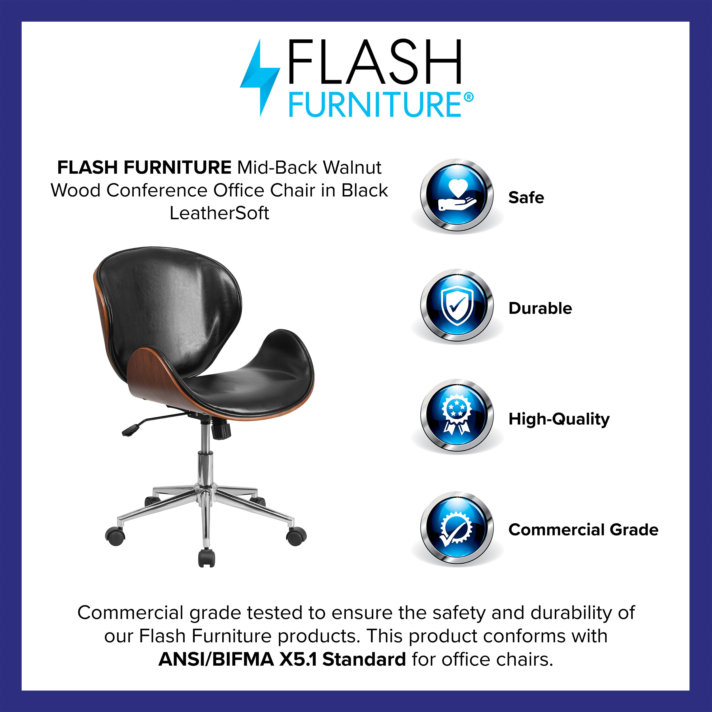Tana Mid-Back Walnut Wood Conference Office Chair in Black LeatherSoft