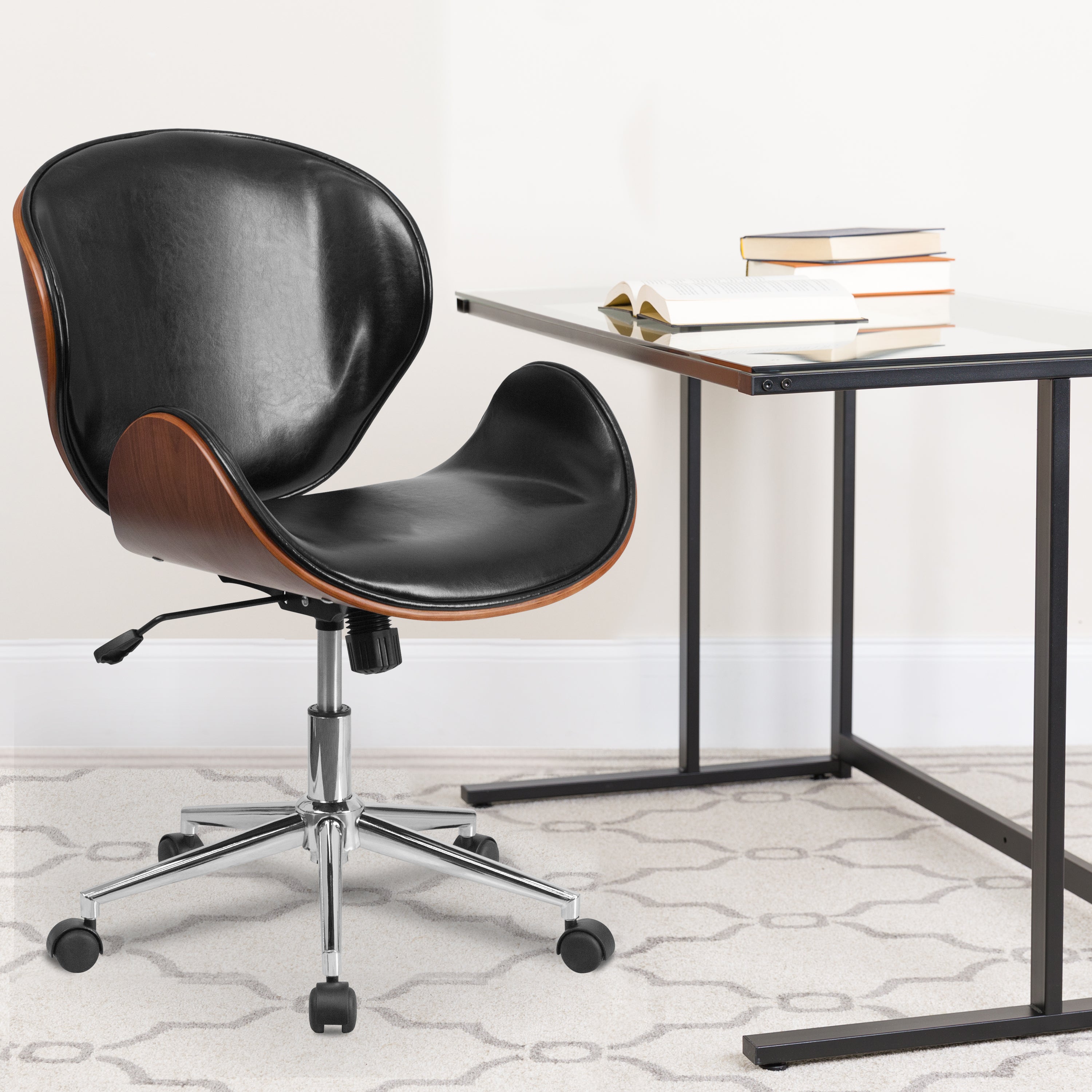 Tana Mid-Back Walnut Wood Conference Office Chair in Black LeatherSoft