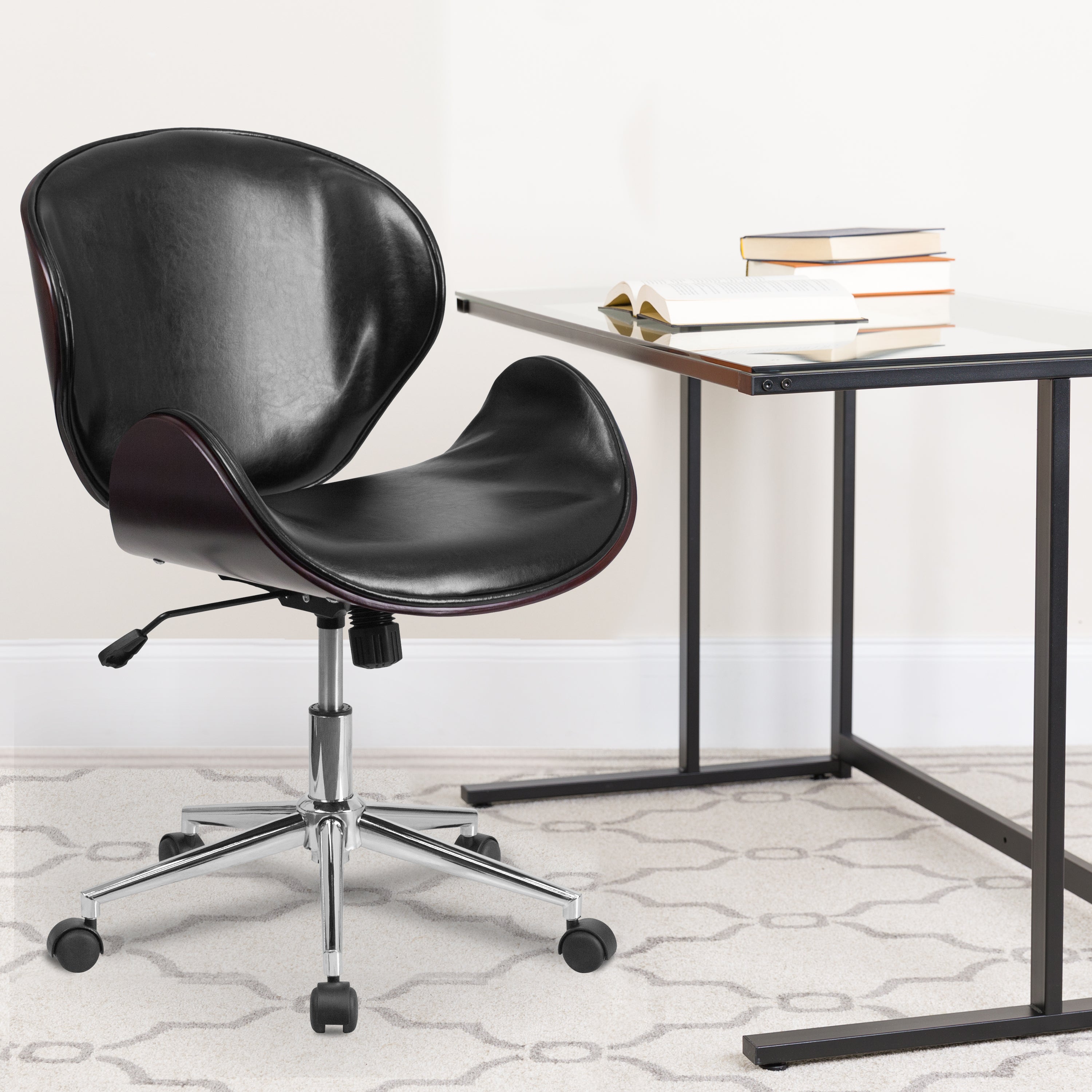 Tana Mid-Back Mahogany Wood Conference Office Chair in Black LeatherSoft