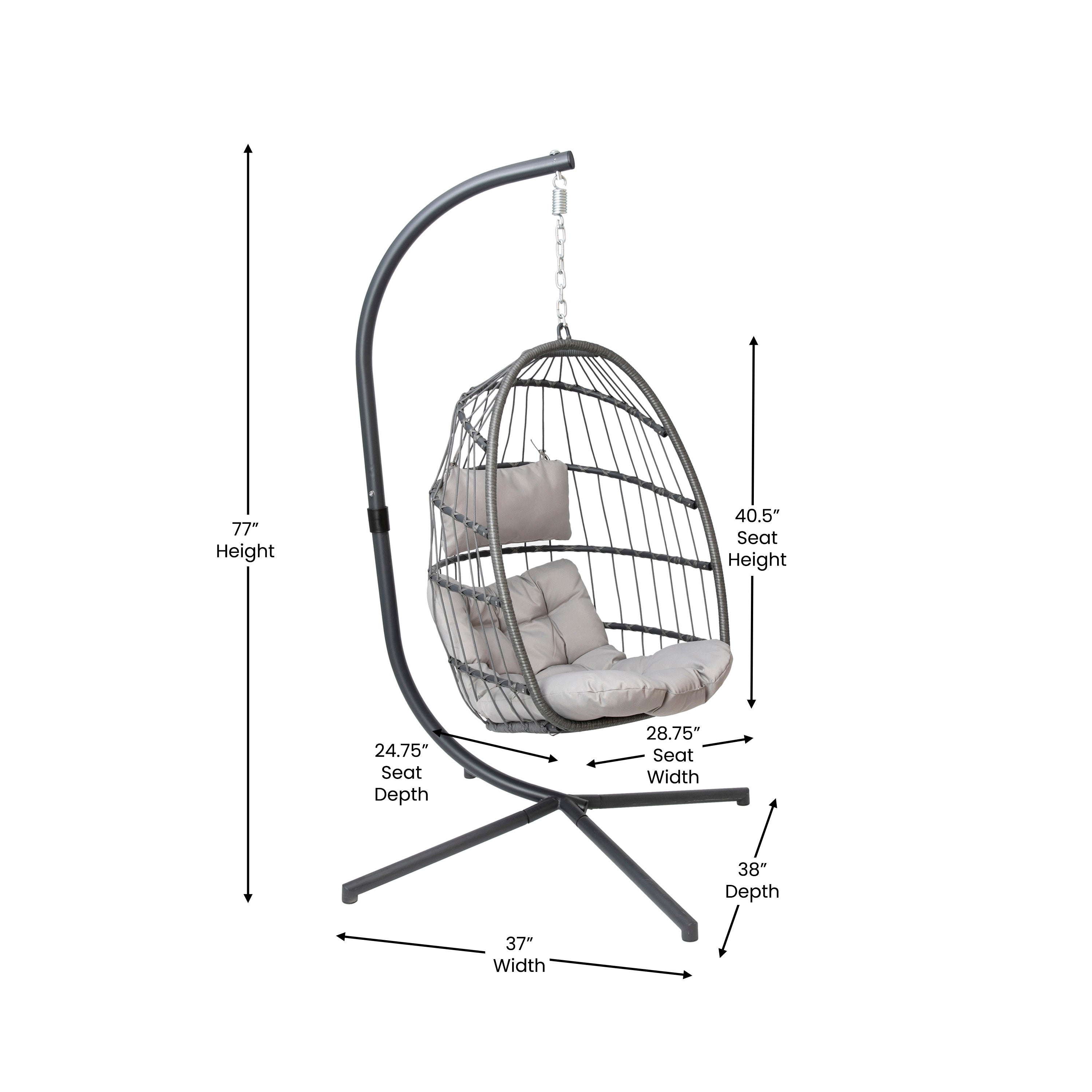 Cleo Patio Hanging Egg Chair, Wicker Hammock with Soft Seat Cushions & Swing Stand, Indoor/Outdoor Gray Frame-Gray Cushions