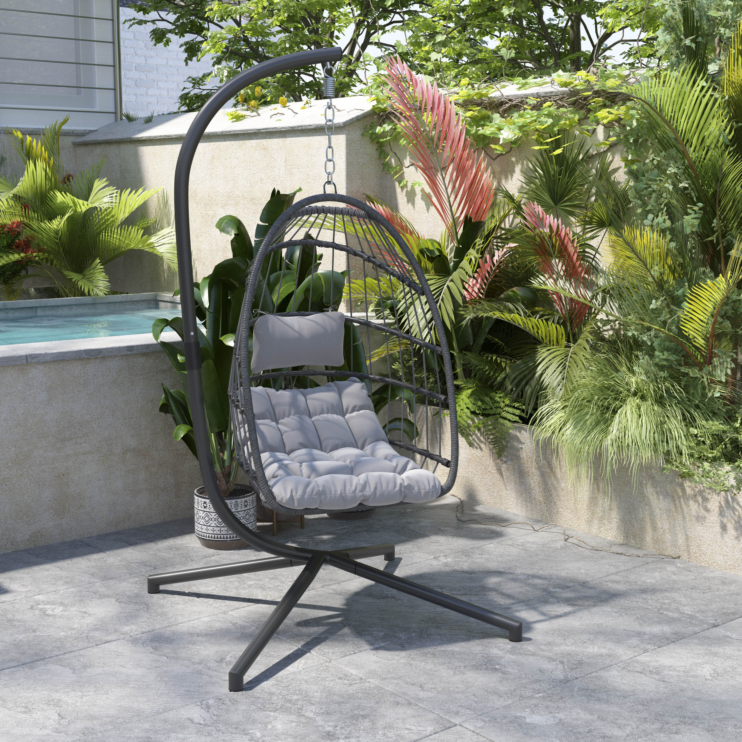 Cleo Patio Hanging Egg Chair, Wicker Hammock with Soft Seat Cushions & Swing Stand, Indoor/Outdoor Gray Frame-Gray Cushions