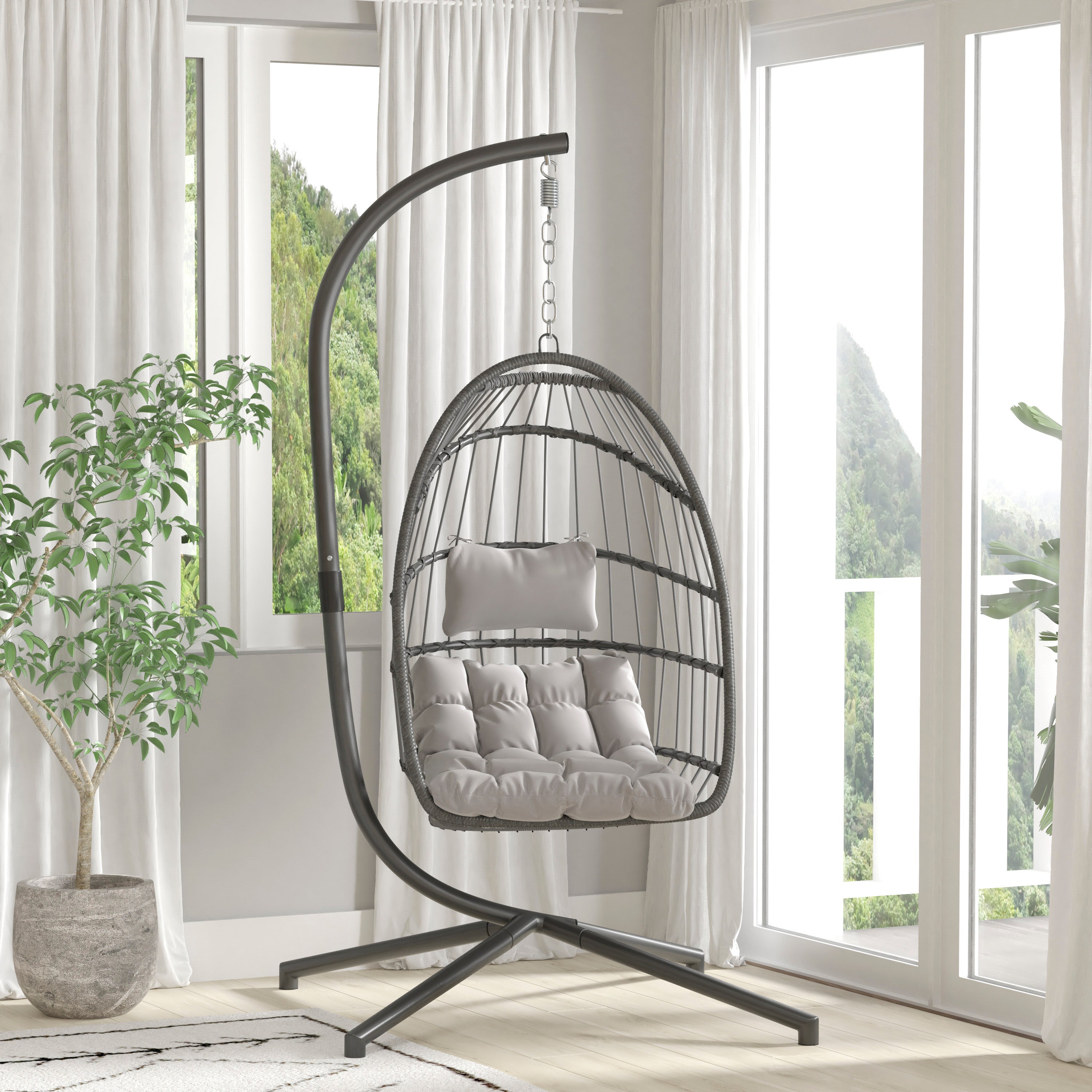 Cleo Patio Hanging Egg Chair, Wicker Hammock with Soft Seat Cushions & Swing Stand, Indoor/Outdoor Gray Frame-Gray Cushions