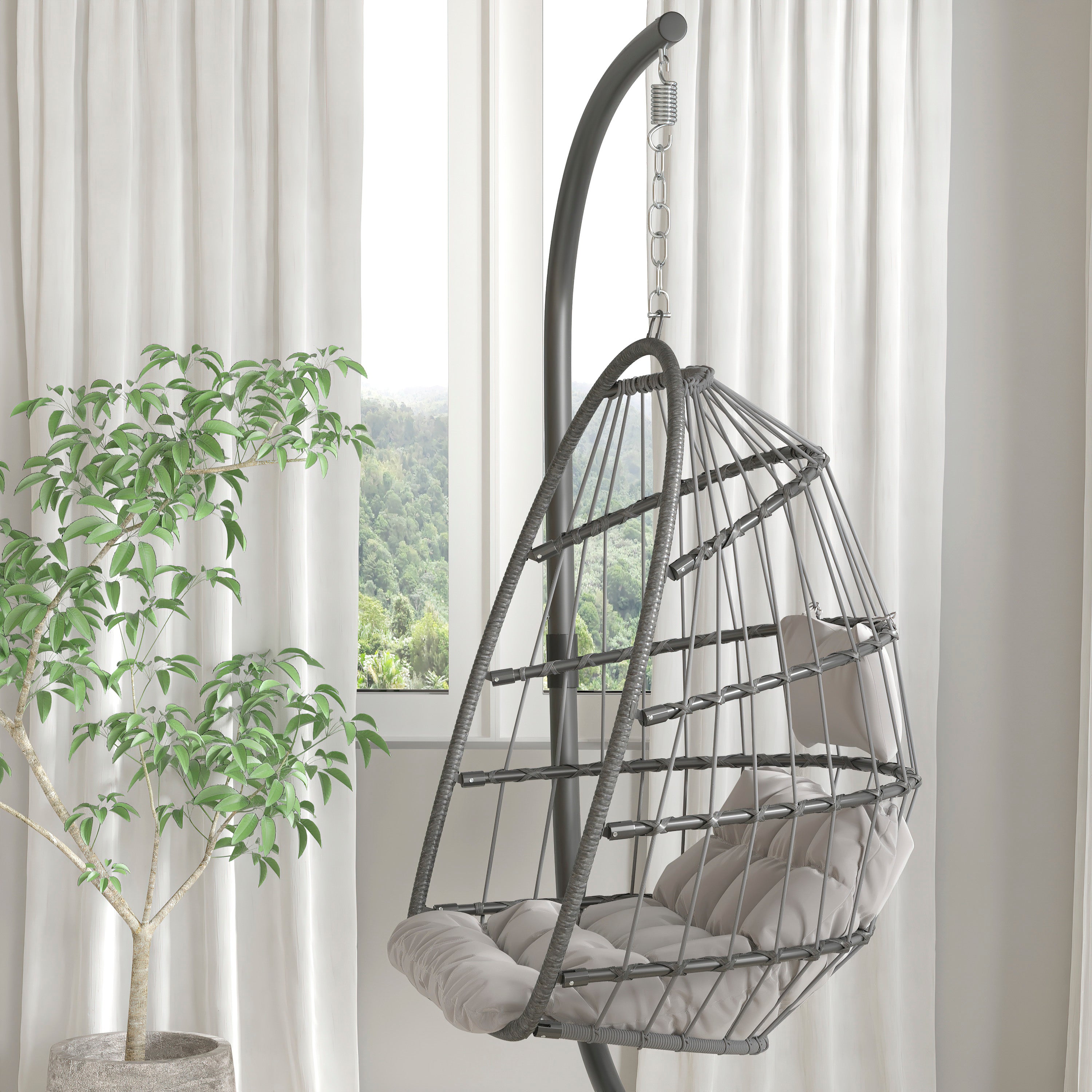 Cleo Patio Hanging Egg Chair, Wicker Hammock with Soft Seat Cushions & Swing Stand, Indoor/Outdoor Gray Frame-Gray Cushions