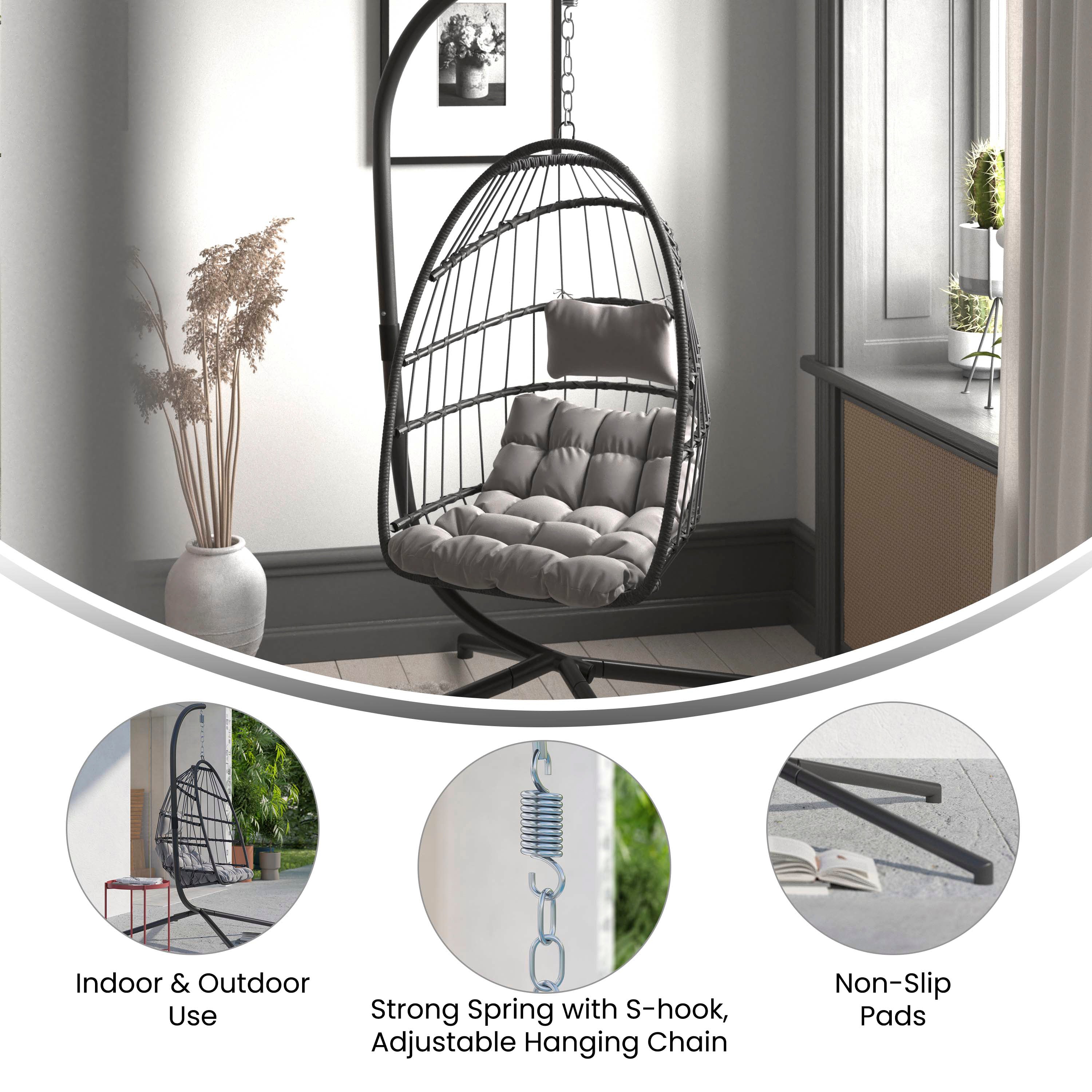 Cleo Patio Hanging Egg Chair, Wicker Hammock with Soft Seat Cushions & Swing Stand, Indoor/Outdoor Gray Frame-Gray Cushions