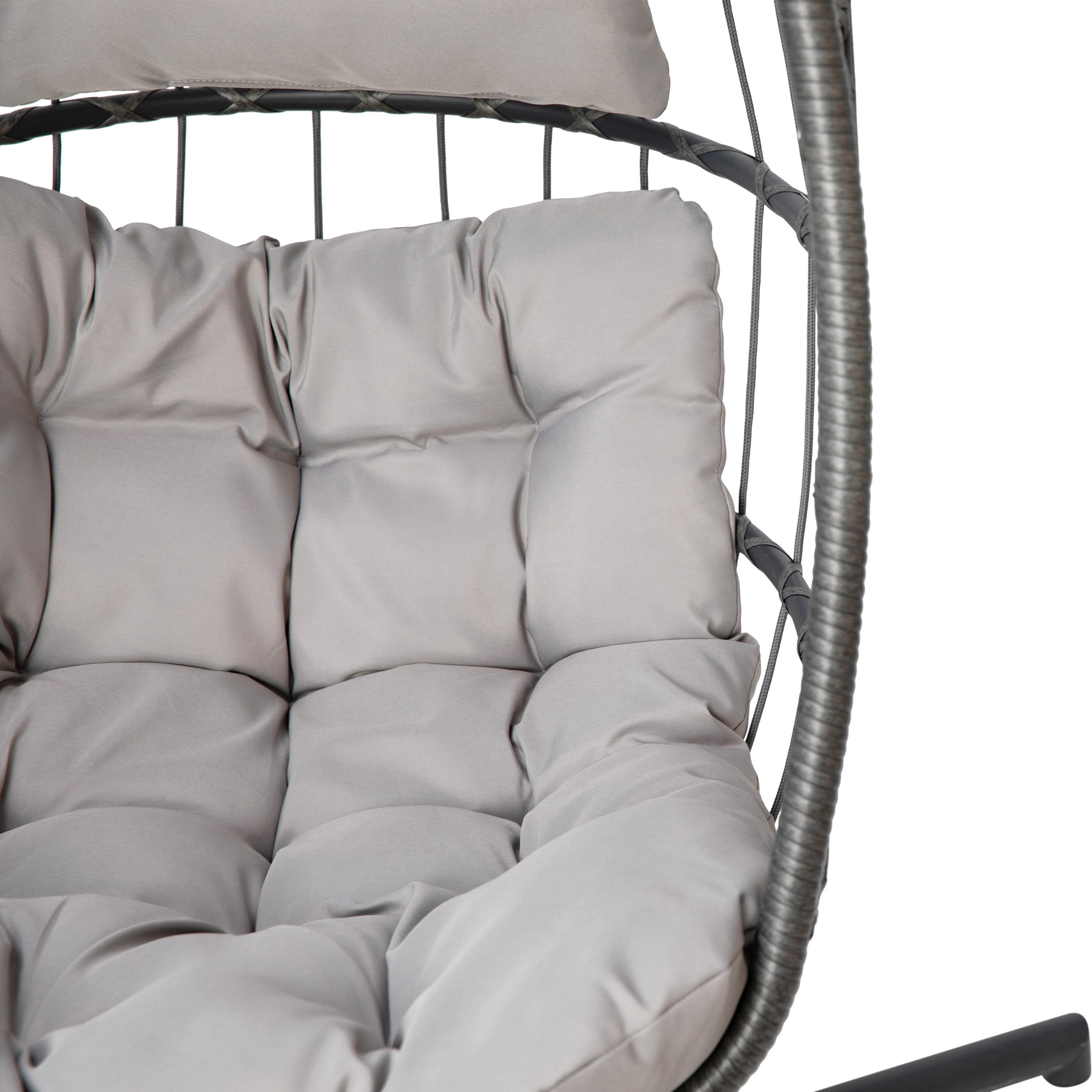Cleo Patio Hanging Egg Chair, Wicker Hammock with Soft Seat Cushions & Swing Stand, Indoor/Outdoor Gray Frame-Gray Cushions