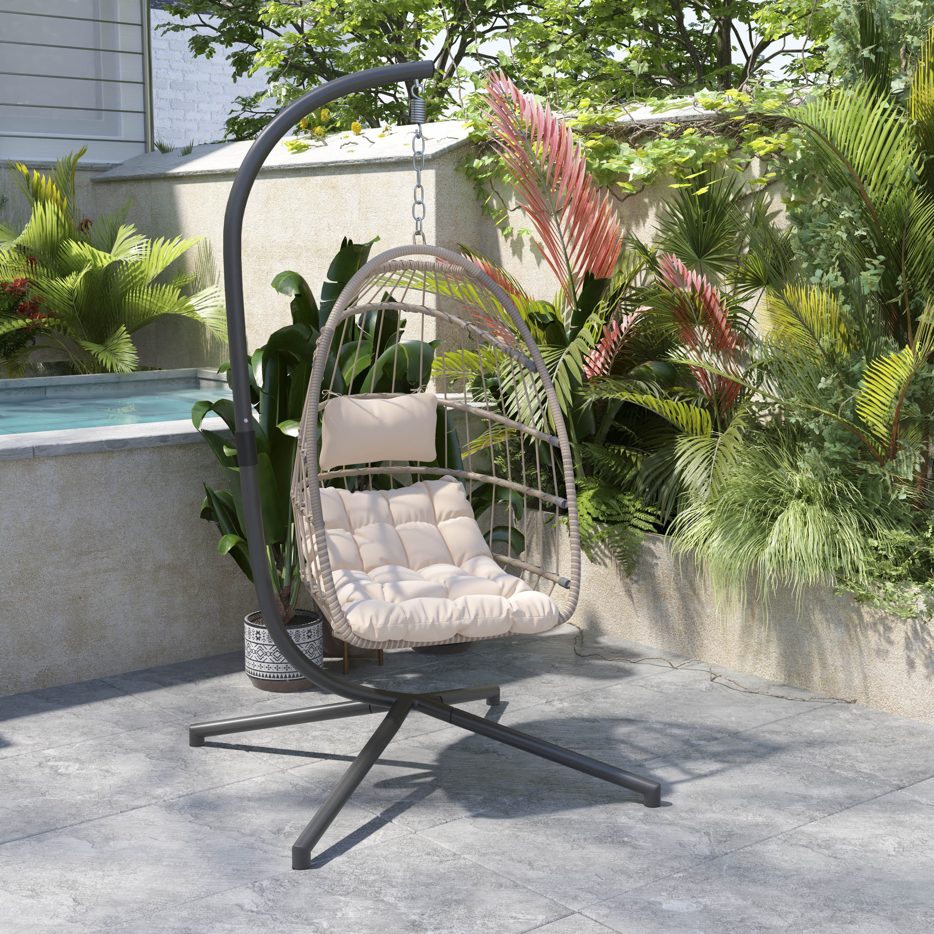 Cleo Patio Hanging Egg Chair, Wicker Hammock with Soft Seat Cushions & Swing Stand, Indoor/Outdoor Natural Frame-Cream Cushions