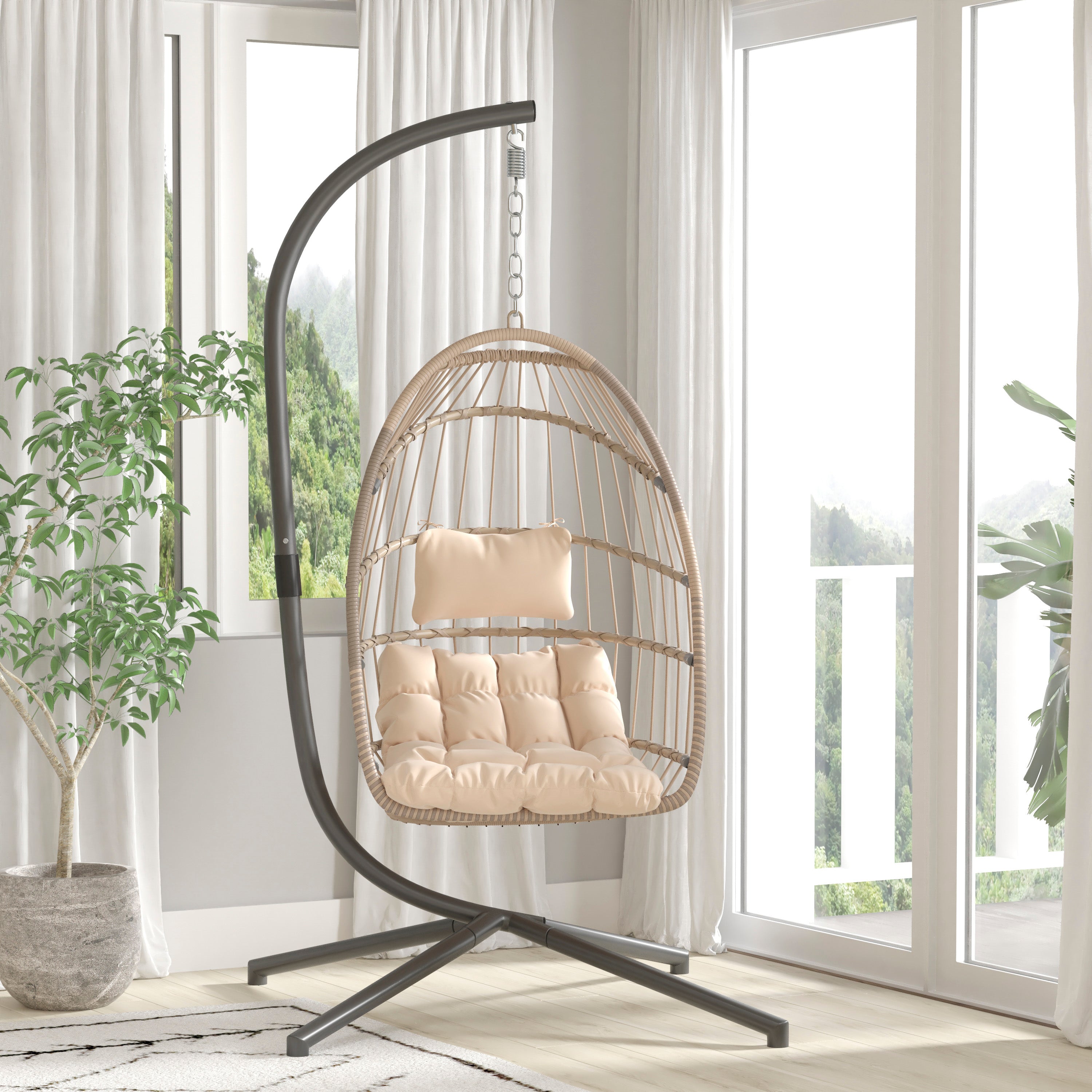 Cleo Patio Hanging Egg Chair, Wicker Hammock with Soft Seat Cushions & Swing Stand, Indoor/Outdoor Natural Frame-Cream Cushions