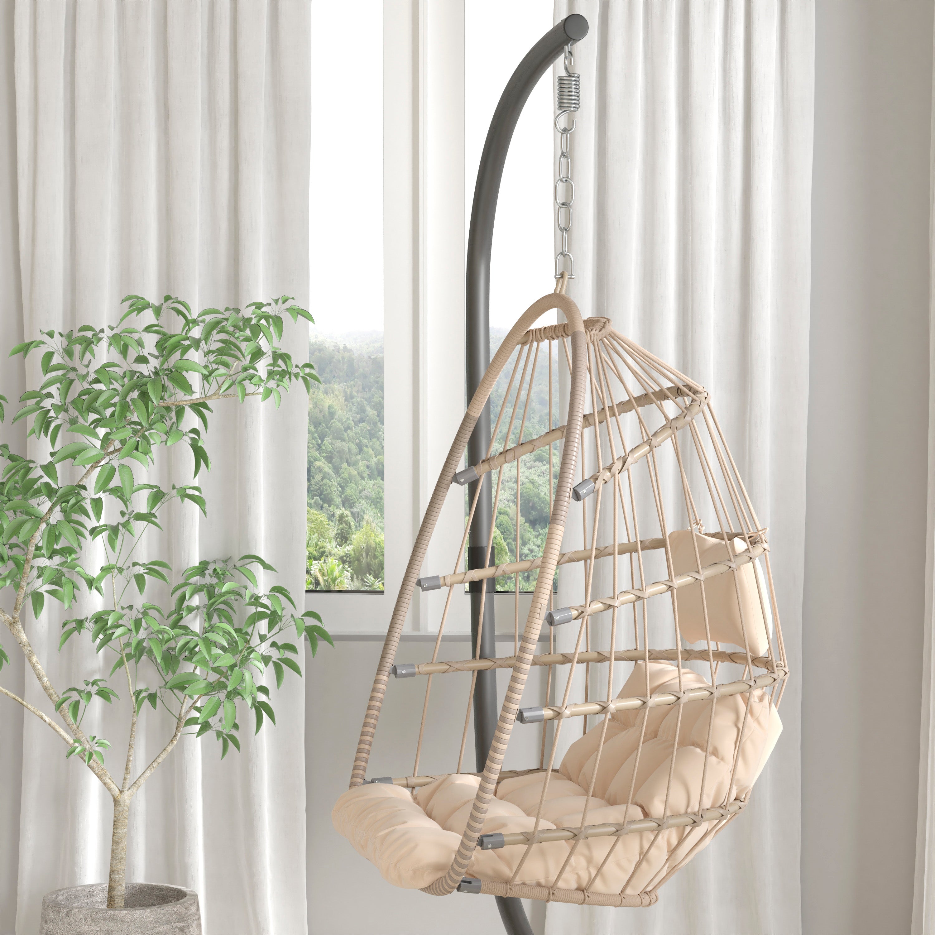 Cleo Patio Hanging Egg Chair, Wicker Hammock with Soft Seat Cushions & Swing Stand, Indoor/Outdoor Natural Frame-Cream Cushions