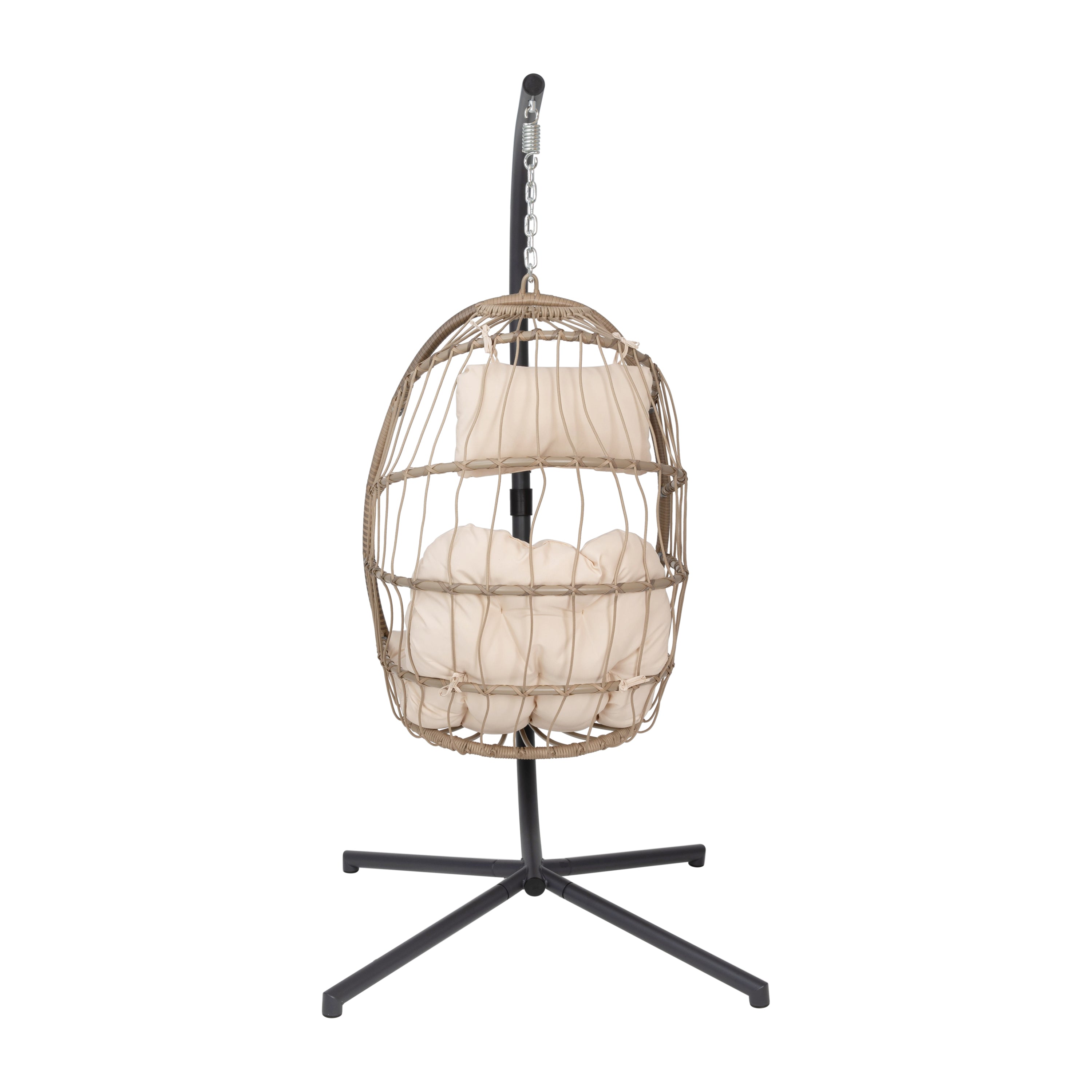 Cleo Patio Hanging Egg Chair, Wicker Hammock with Soft Seat Cushions & Swing Stand, Indoor/Outdoor Natural Frame-Cream Cushions