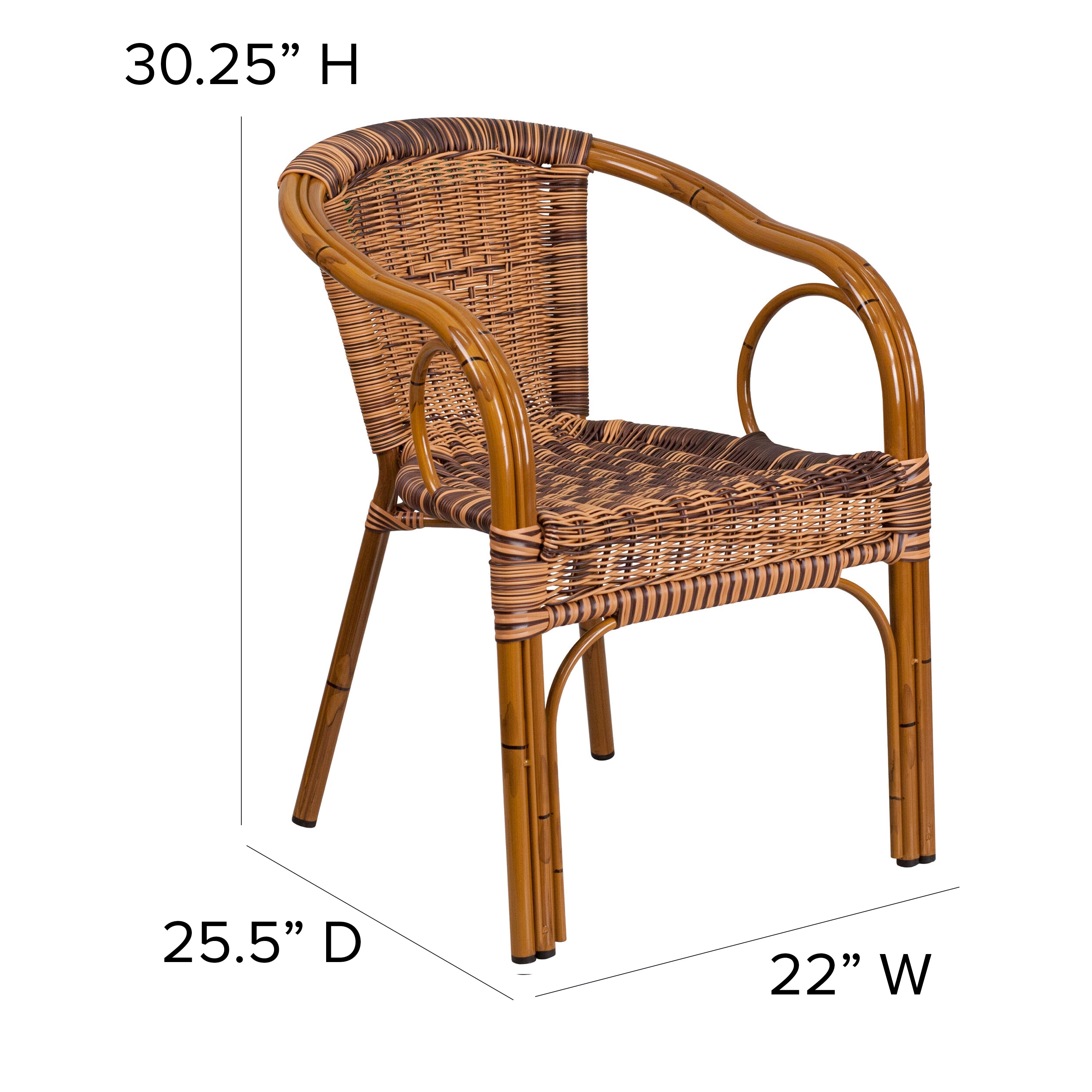 Cadiz Series Burning Brown Rattan Restaurant Patio Chair with Dark Red Bamboo-Aluminum Frame