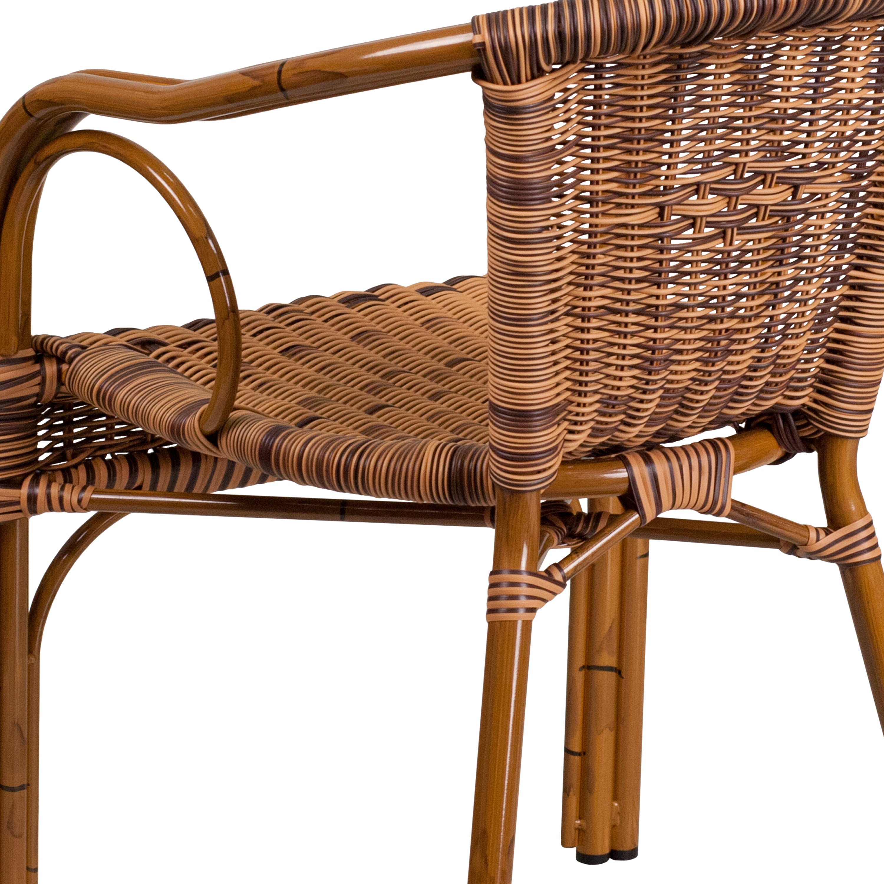 Cadiz Series Burning Brown Rattan Restaurant Patio Chair with Dark Red Bamboo-Aluminum Frame