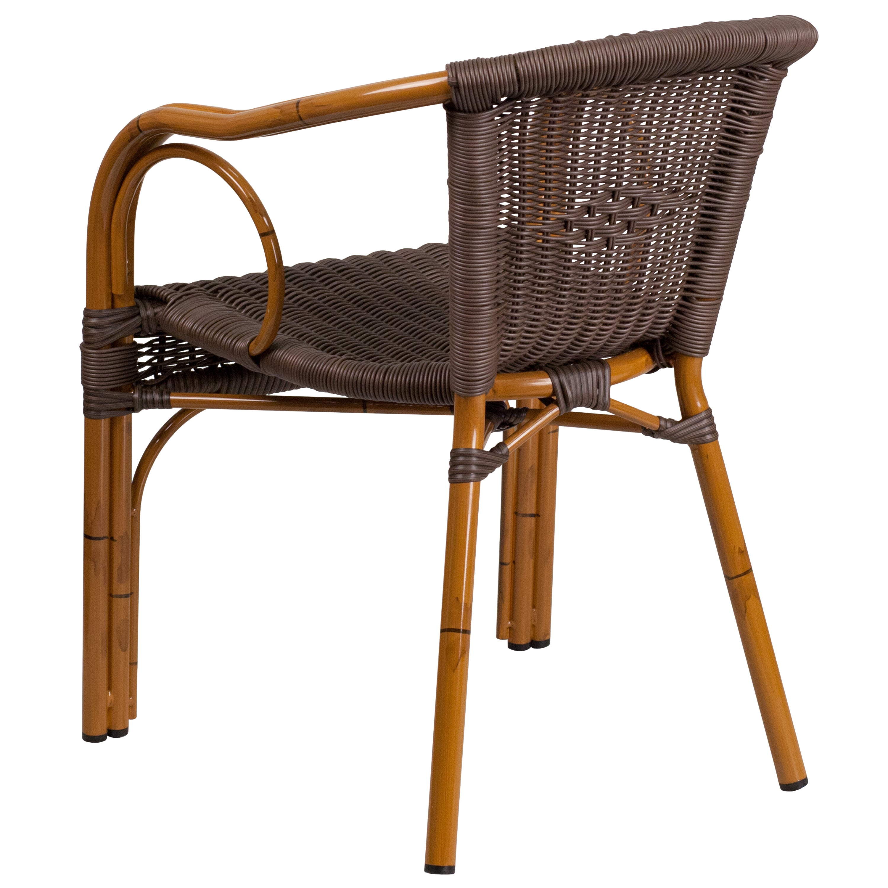Cadiz Series Dark Brown Rattan Restaurant Patio Chair with Red Bamboo-Aluminum Frame