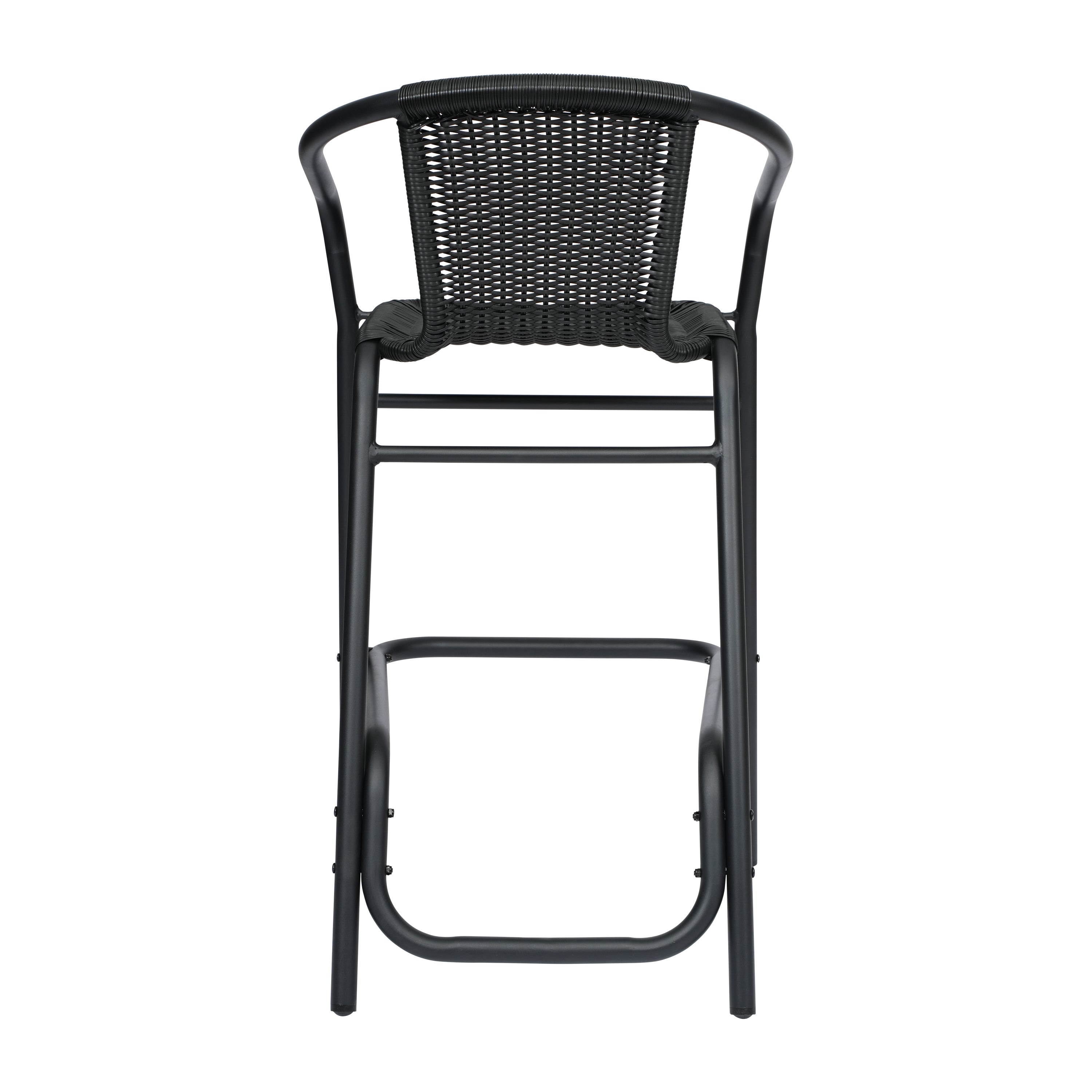 Lila Commercial Grade Indoor-Outdoor PE Rattan Restaurant Barstool with Black Aluminum Frame and Footrest in Black