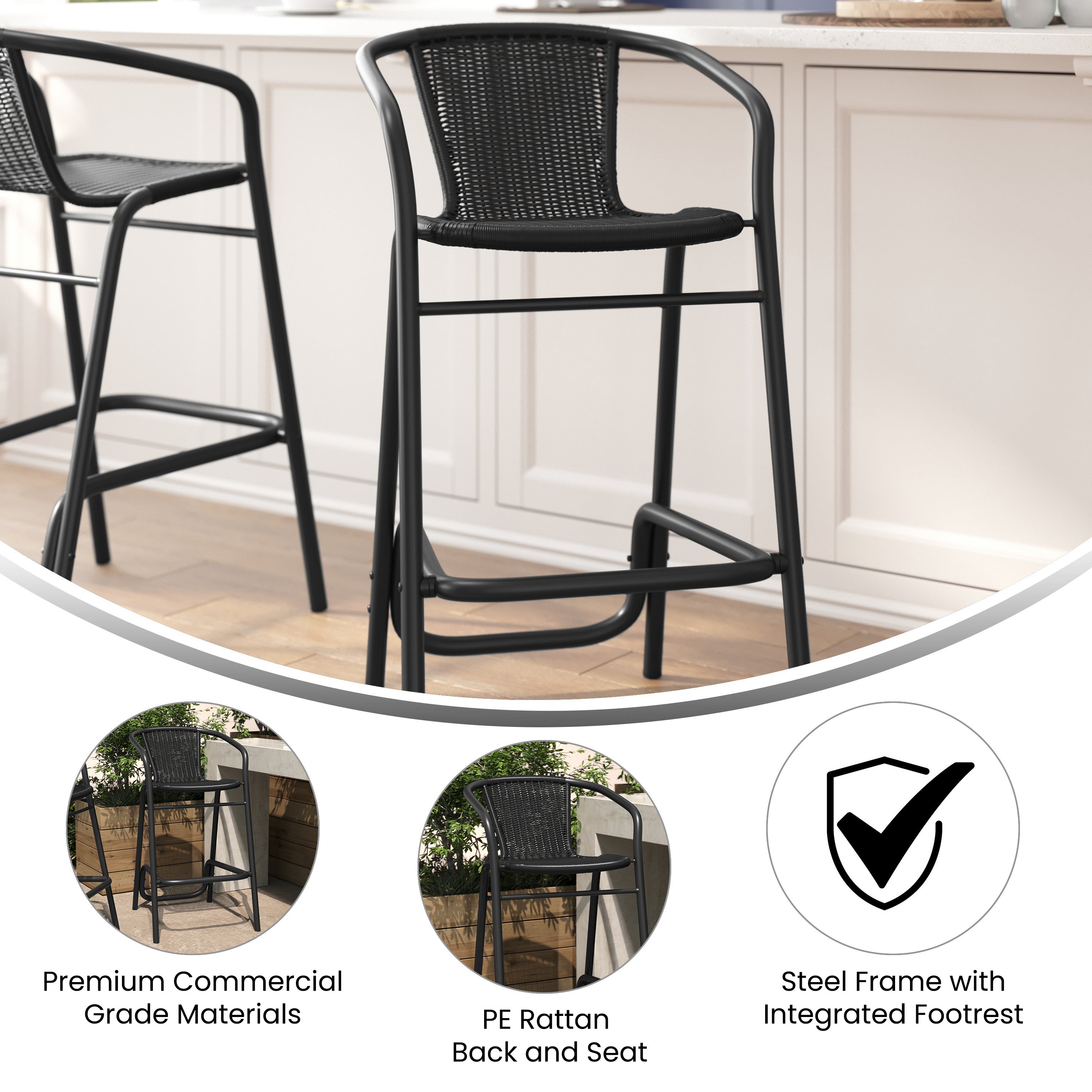 Lila Commercial Grade Indoor-Outdoor PE Rattan Restaurant Barstool with Black Aluminum Frame and Footrest in Black