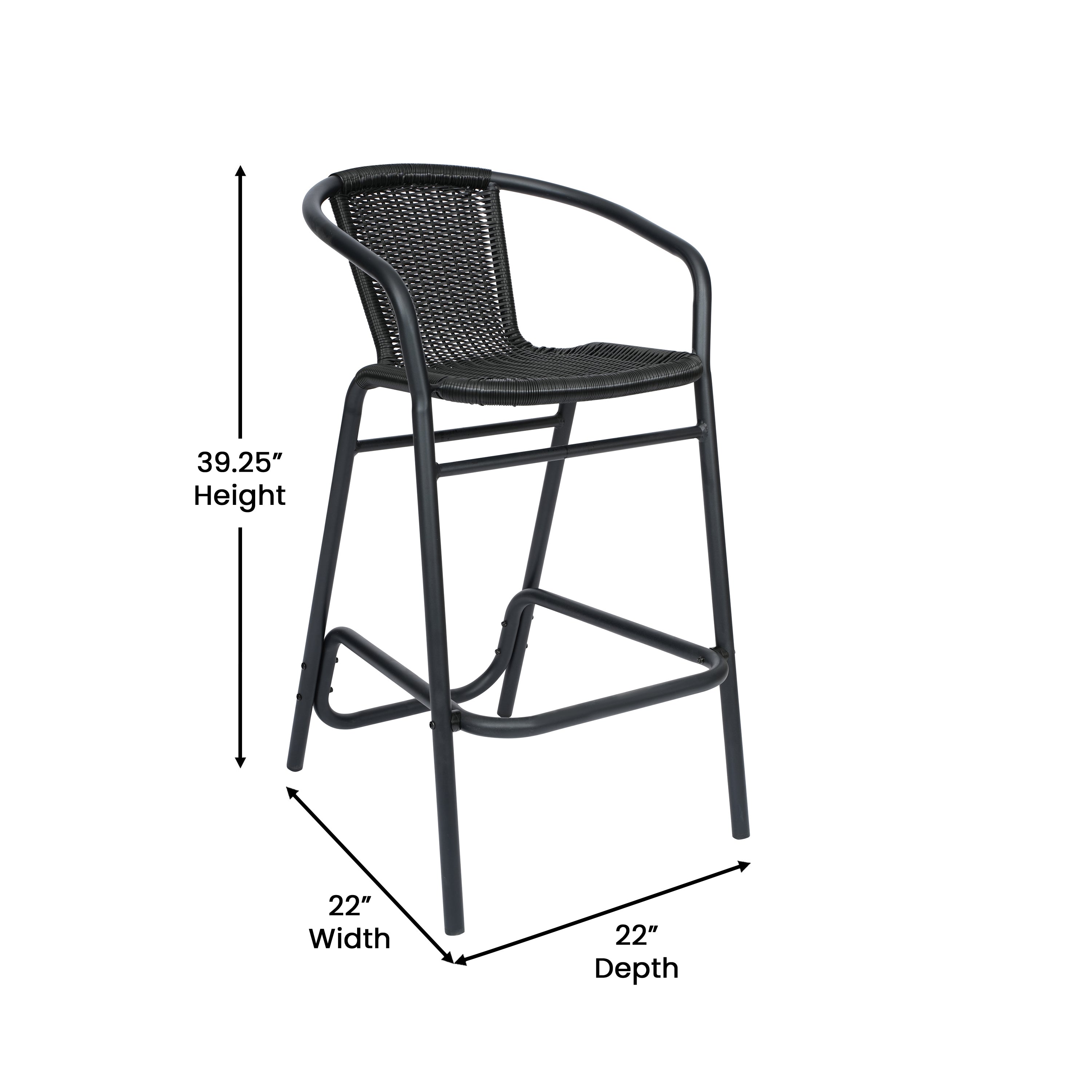 Lila Commercial Grade Indoor-Outdoor PE Rattan Restaurant Barstool with Black Aluminum Frame and Footrest in Black