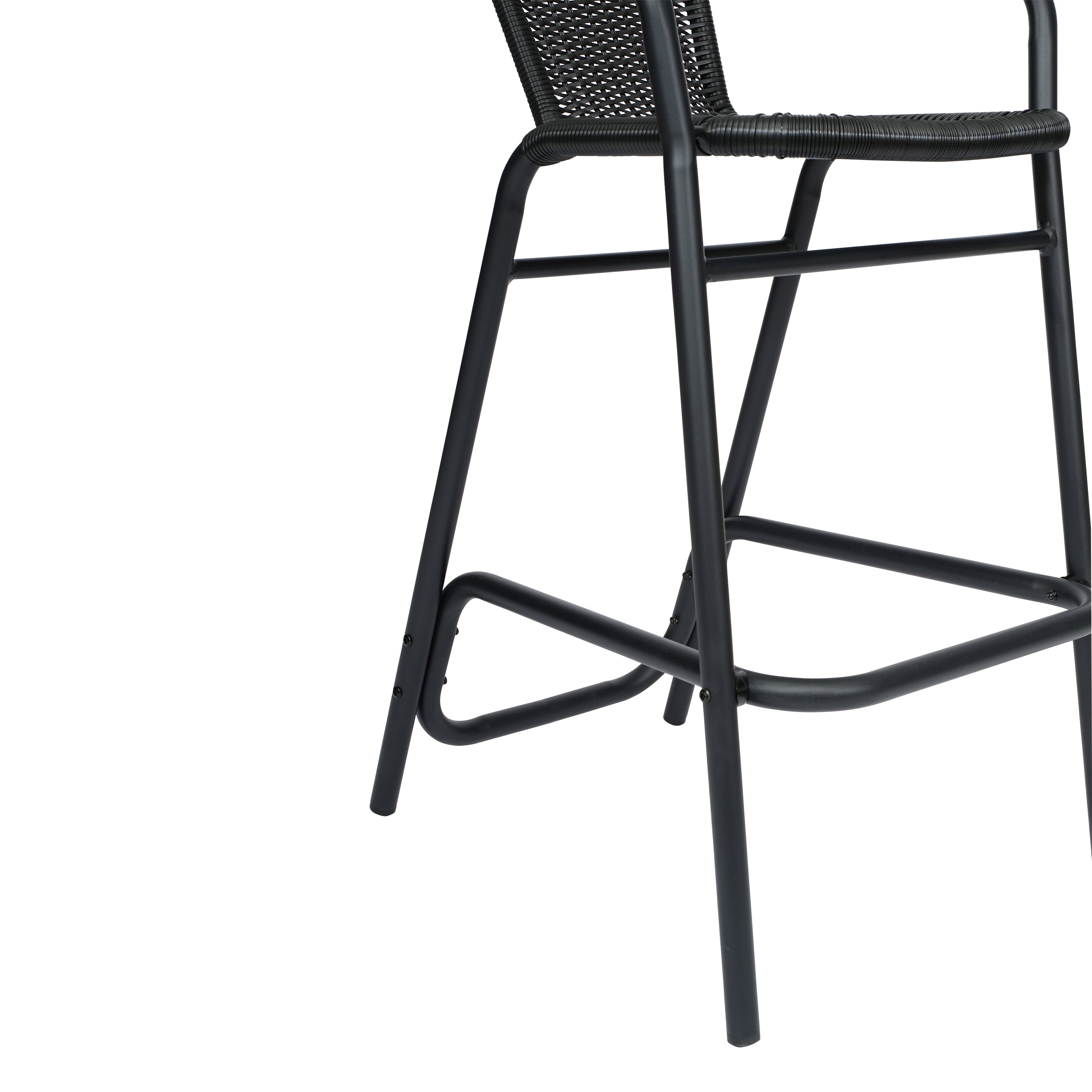 Lila Commercial Grade Indoor-Outdoor PE Rattan Restaurant Barstool with Black Aluminum Frame and Footrest in Black