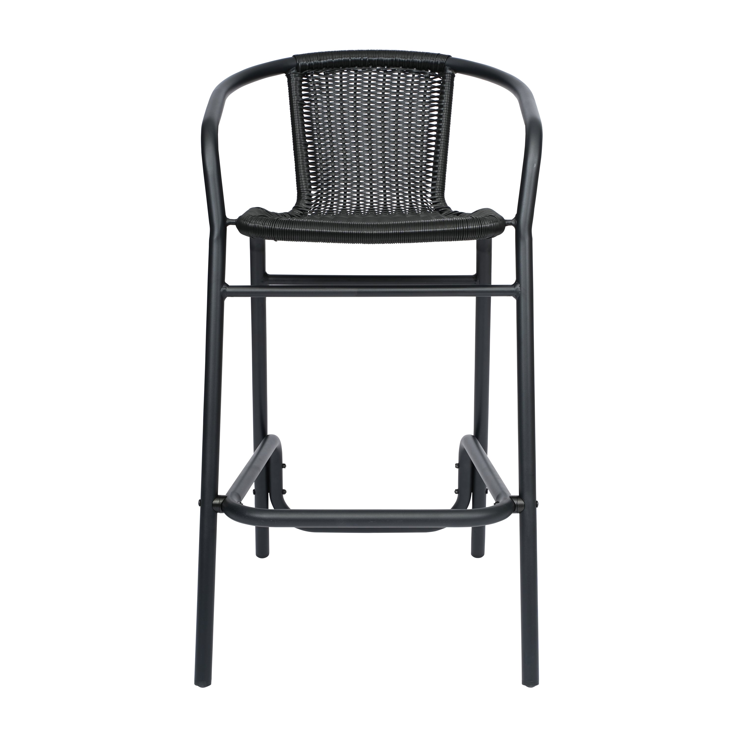 Lila Commercial Grade Indoor-Outdoor PE Rattan Restaurant Barstool with Black Aluminum Frame and Footrest in Black