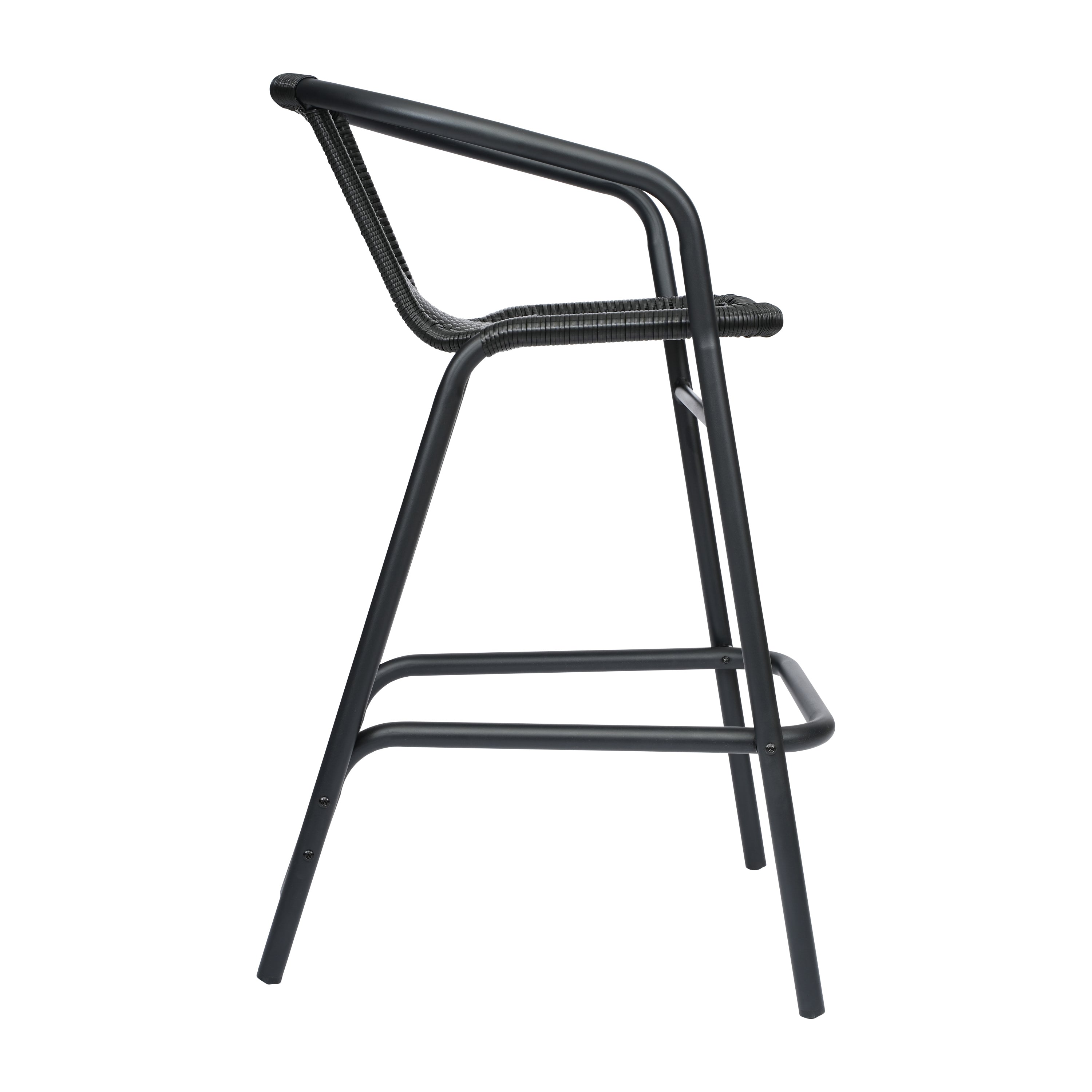 Lila Commercial Grade Indoor-Outdoor PE Rattan Restaurant Barstool with Black Aluminum Frame and Footrest in Black