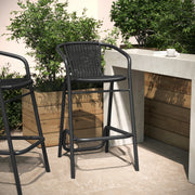 Lila Commercial Grade Indoor-Outdoor PE Rattan Restaurant Barstool with Black Aluminum Frame and Footrest in Black