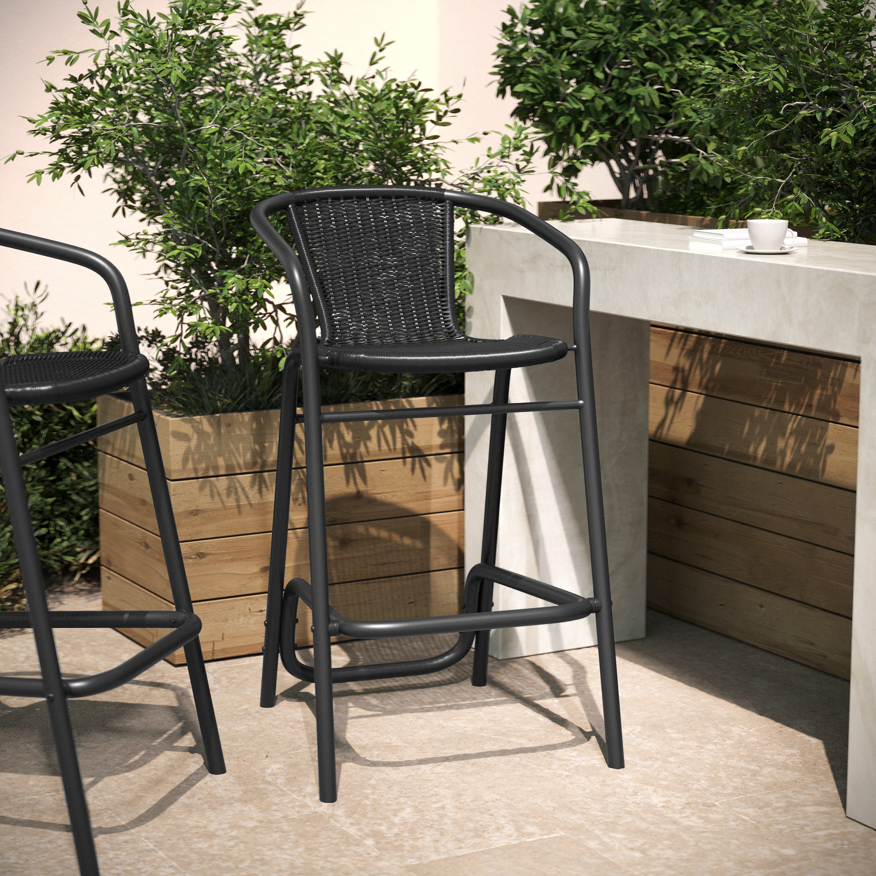 Lila Commercial Grade Indoor-Outdoor PE Rattan Restaurant Barstool with Black Aluminum Frame and Footrest in Black