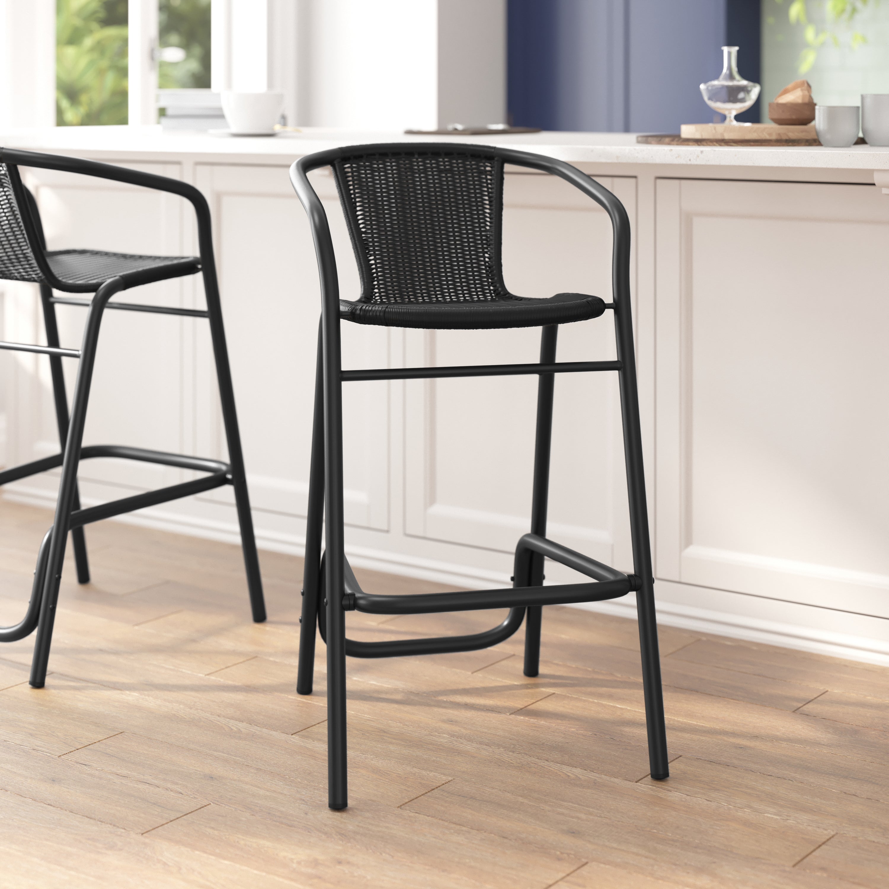 Lila Commercial Grade Indoor-Outdoor PE Rattan Restaurant Barstool with Black Aluminum Frame and Footrest in Black
