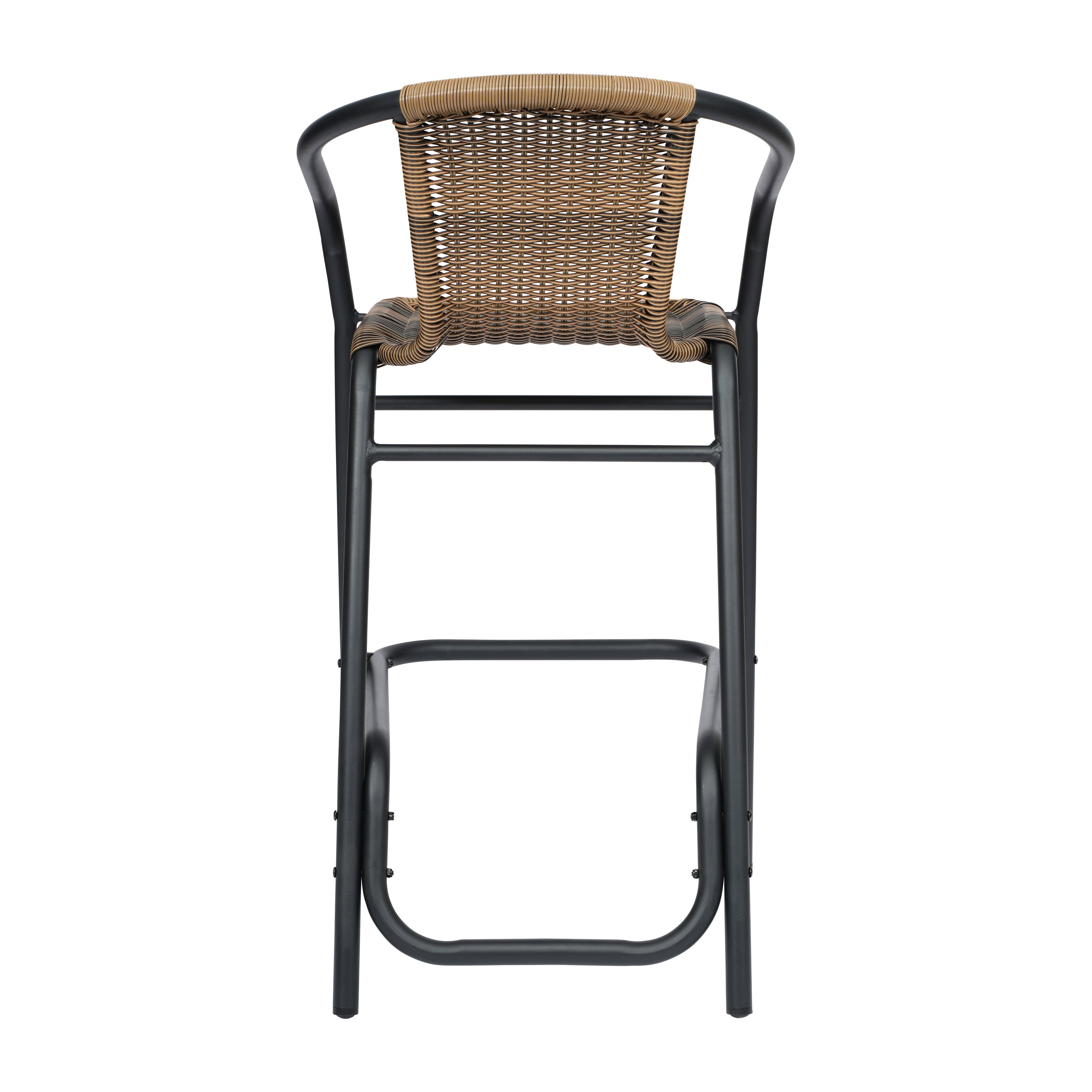 Lila Commercial Grade Indoor-Outdoor PE Rattan Restaurant Barstool with Black Aluminum Frame and Footrest in Medium Brown