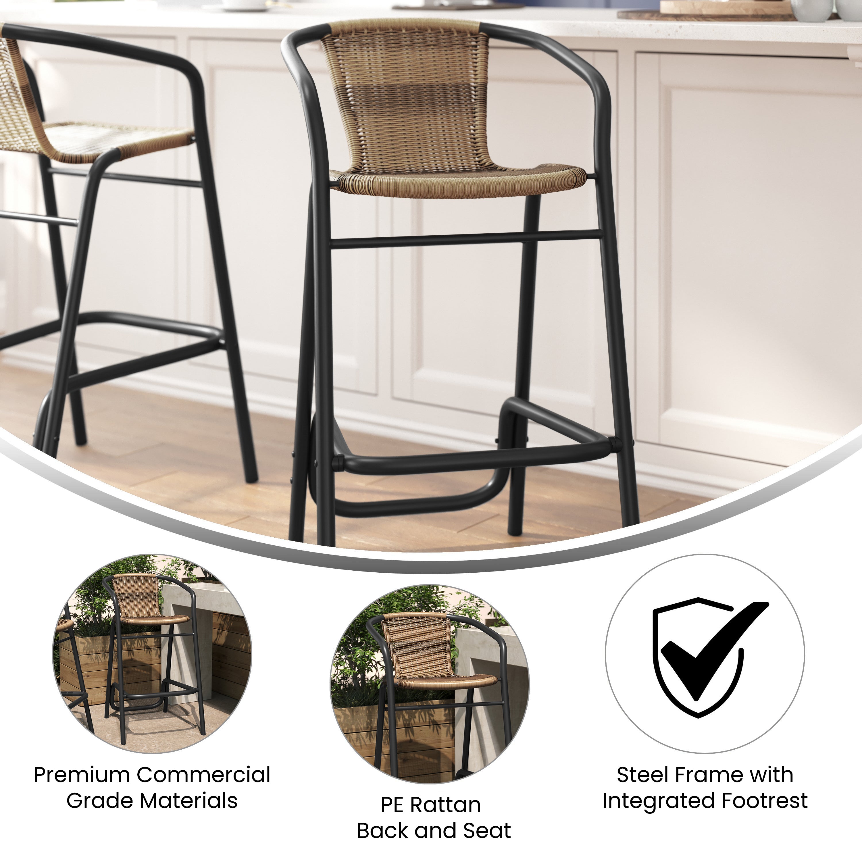 Lila Commercial Grade Indoor-Outdoor PE Rattan Restaurant Barstool with Black Aluminum Frame and Footrest in Medium Brown