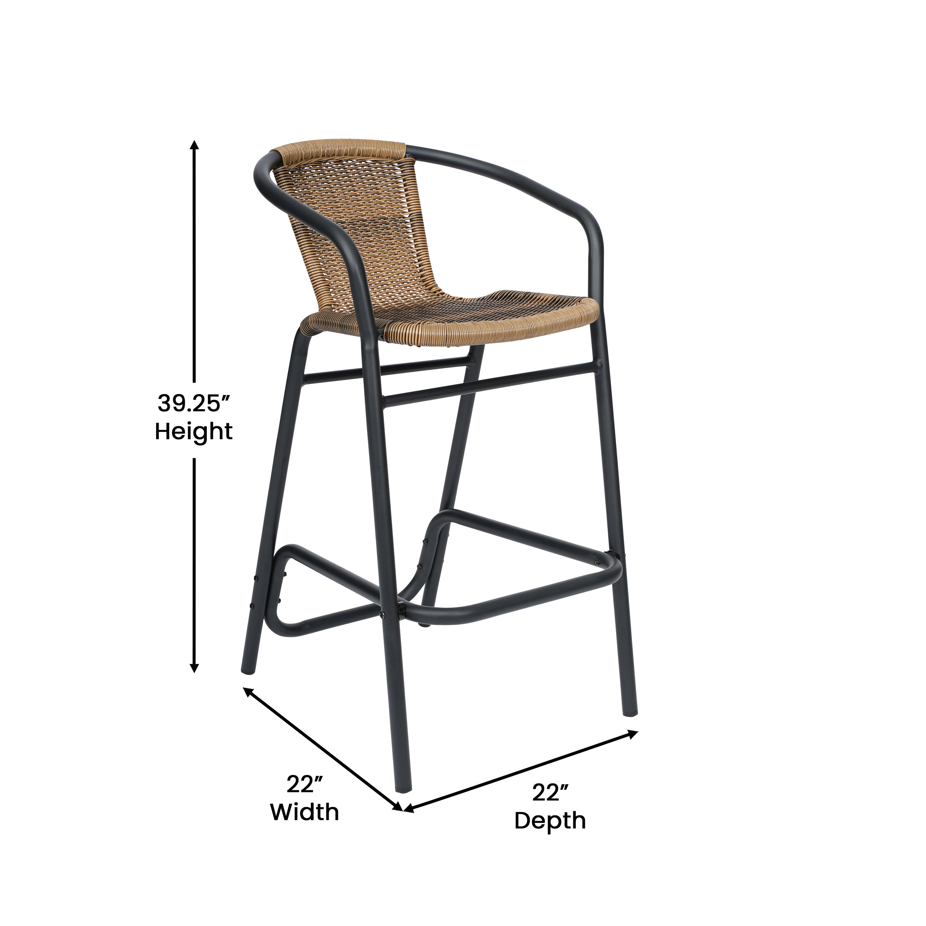 Lila Commercial Grade Indoor-Outdoor PE Rattan Restaurant Barstool with Black Aluminum Frame and Footrest in Medium Brown