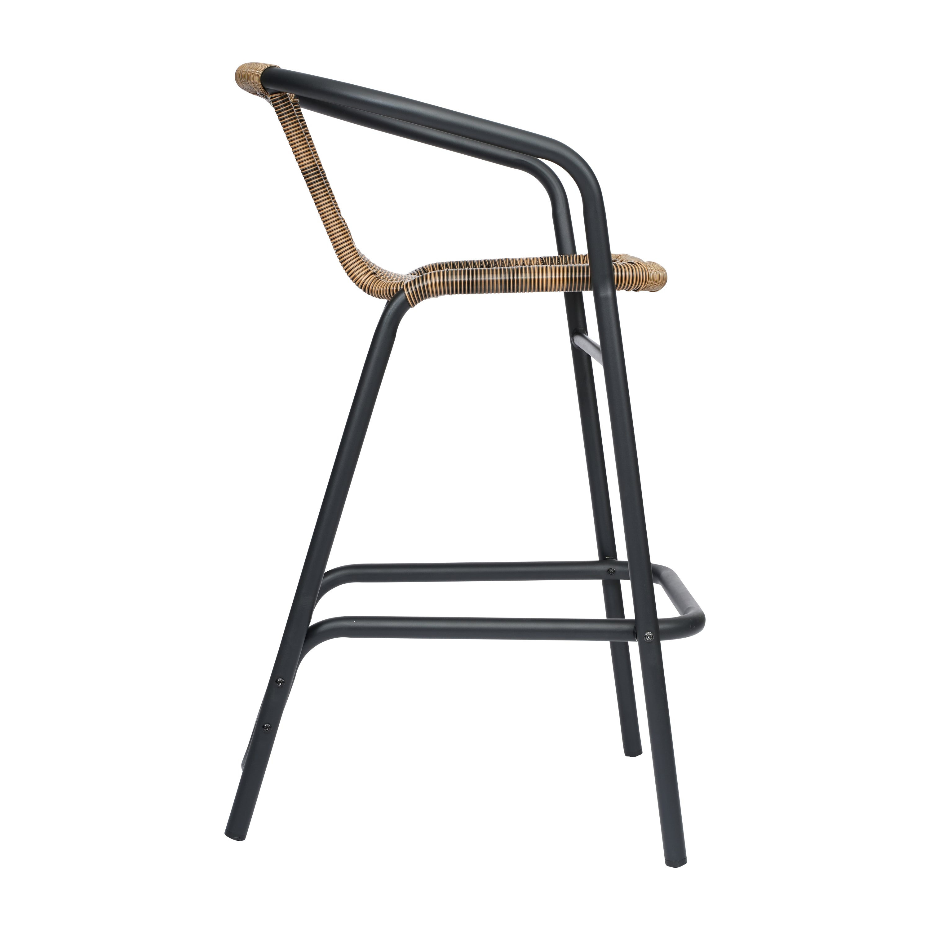 Lila Commercial Grade Indoor-Outdoor PE Rattan Restaurant Barstool with Black Aluminum Frame and Footrest in Medium Brown