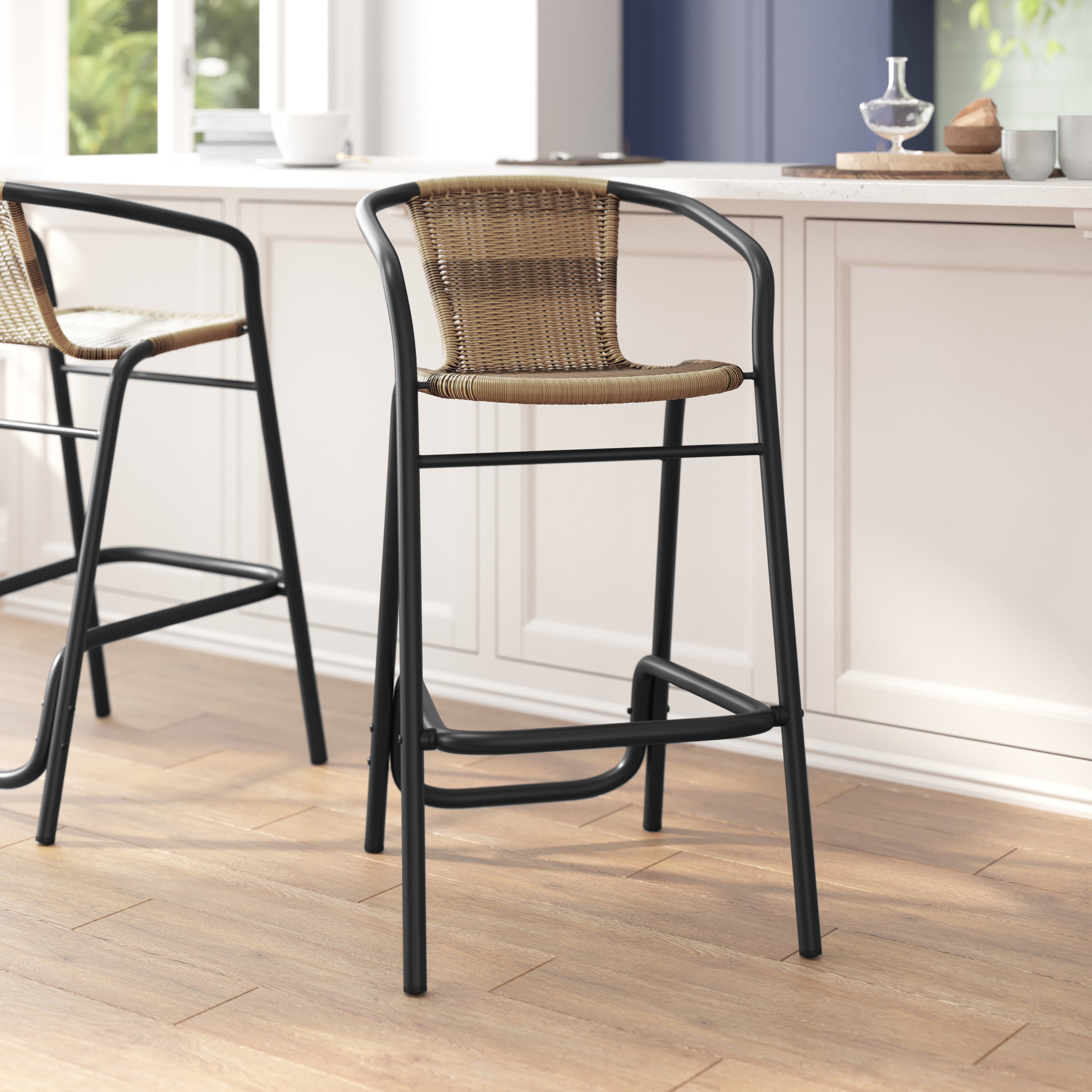 Lila Commercial Grade Indoor-Outdoor PE Rattan Restaurant Barstool with Black Aluminum Frame and Footrest in Medium Brown