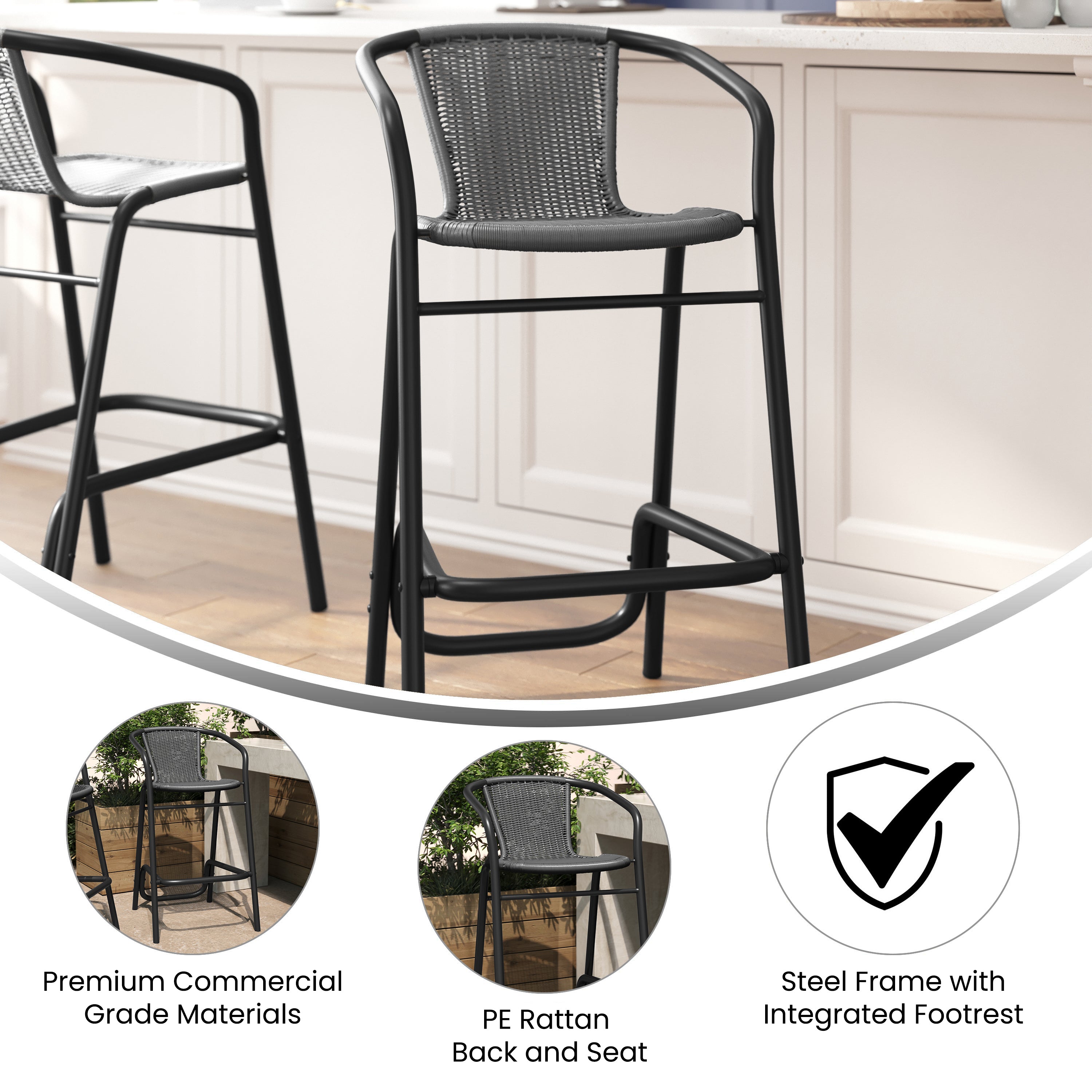Lila Commercial Grade Indoor-Outdoor PE Rattan Restaurant Barstool with Black Aluminum Frame and Footrest in Gray