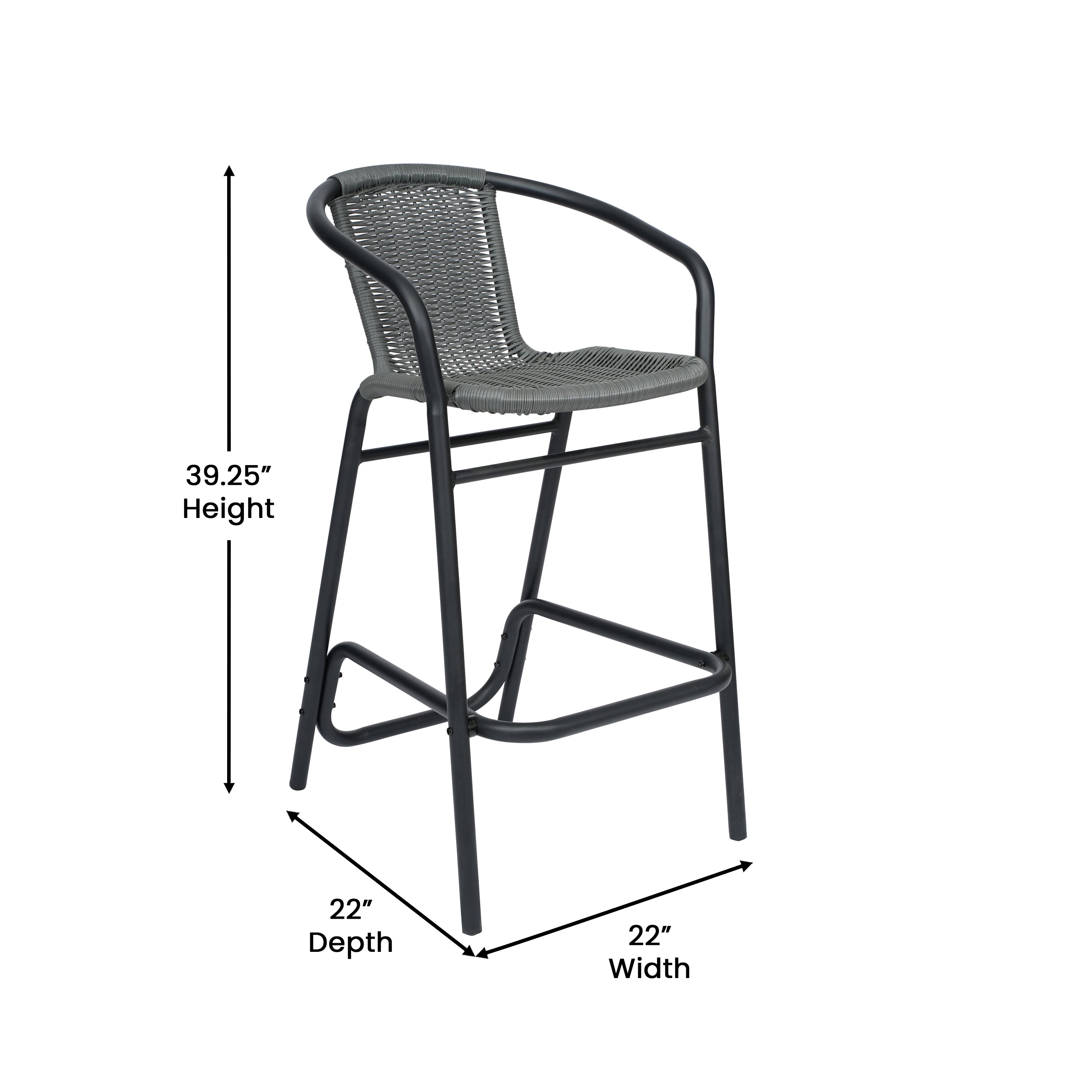Lila Commercial Grade Indoor-Outdoor PE Rattan Restaurant Barstool with Black Aluminum Frame and Footrest in Gray