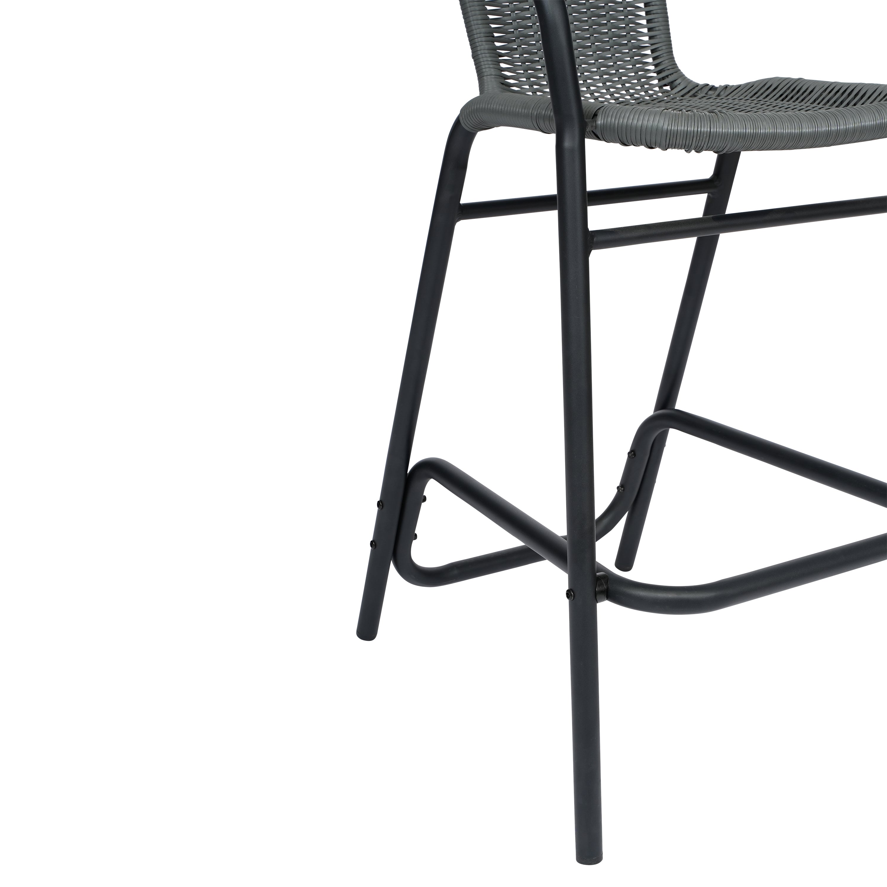 Lila Commercial Grade Indoor-Outdoor PE Rattan Restaurant Barstool with Black Aluminum Frame and Footrest in Gray