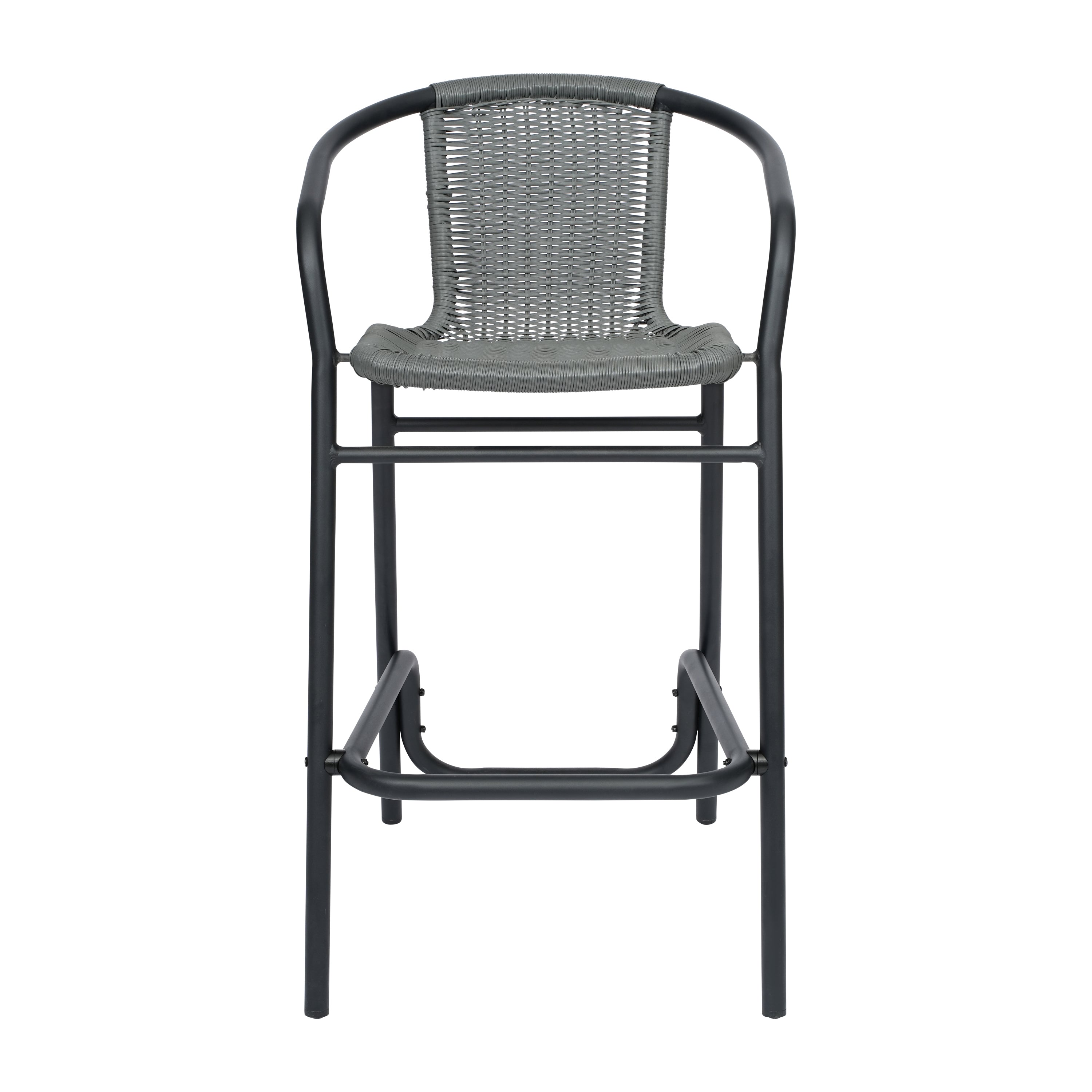Lila Commercial Grade Indoor-Outdoor PE Rattan Restaurant Barstool with Black Aluminum Frame and Footrest in Gray