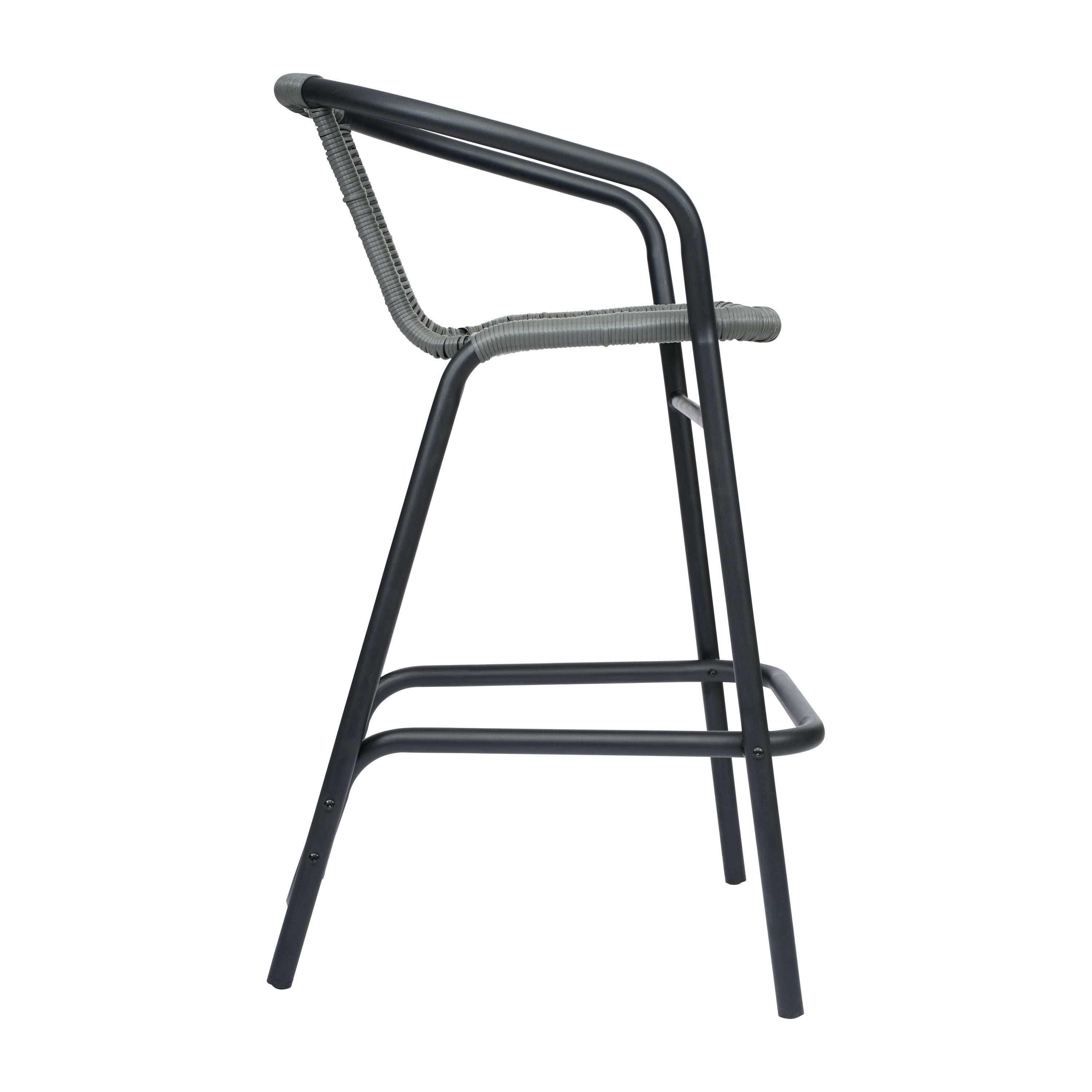 Lila Commercial Grade Indoor-Outdoor PE Rattan Restaurant Barstool with Black Aluminum Frame and Footrest in Gray