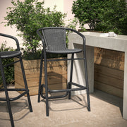 Lila Commercial Grade Indoor-Outdoor PE Rattan Restaurant Barstool with Black Aluminum Frame and Footrest in Gray