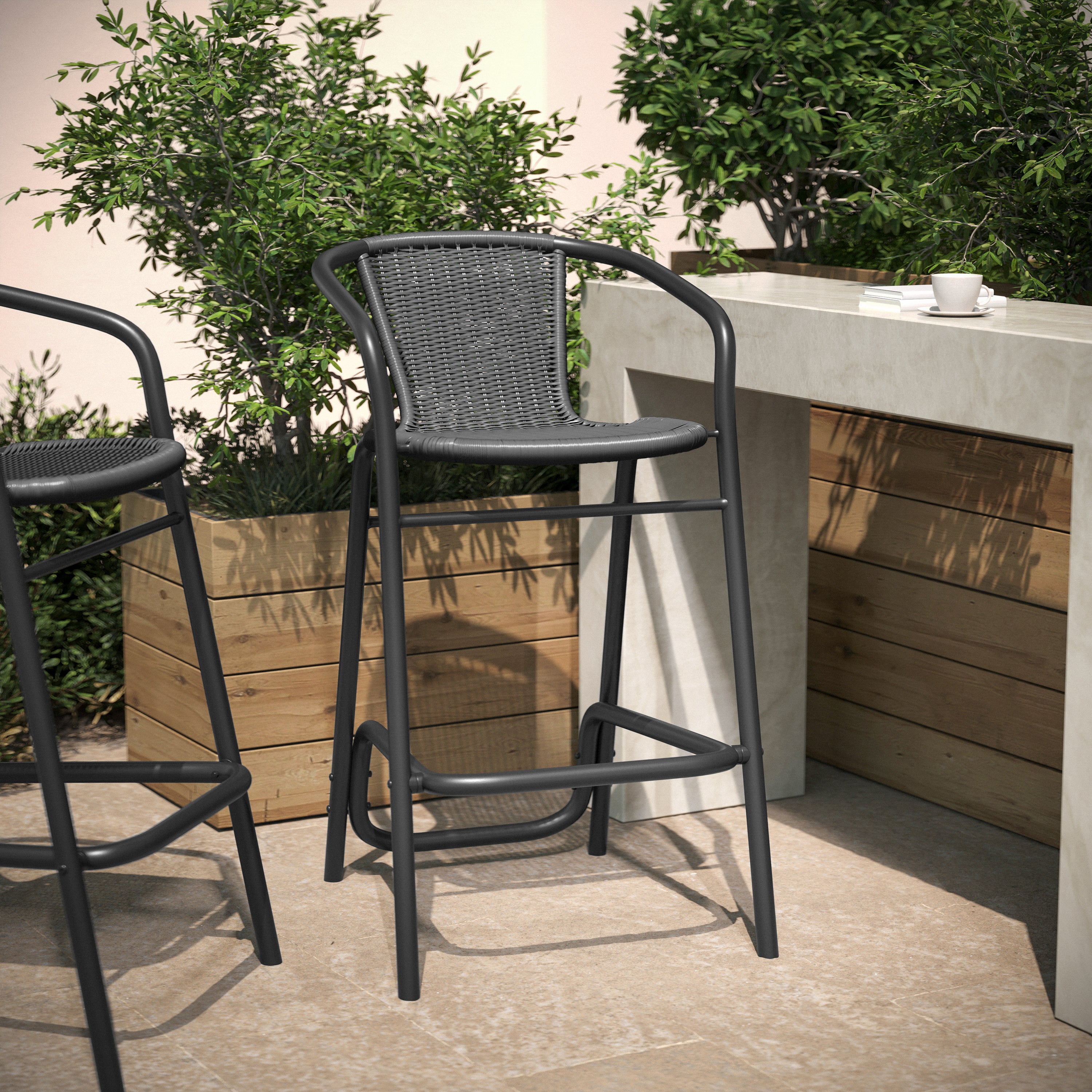 Lila Commercial Grade Indoor-Outdoor PE Rattan Restaurant Barstool with Black Aluminum Frame and Footrest in Gray