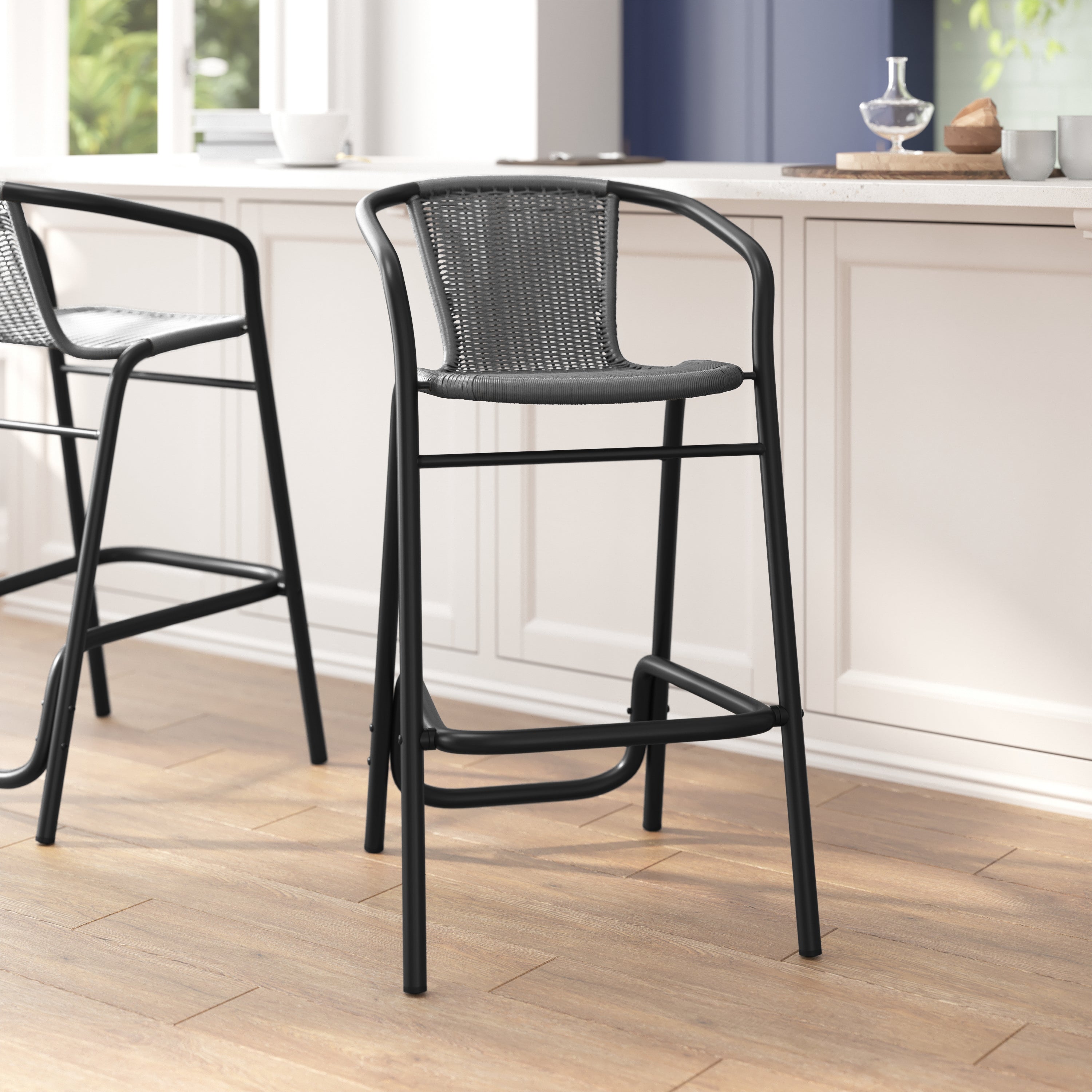 Lila Commercial Grade Indoor-Outdoor PE Rattan Restaurant Barstool with Black Aluminum Frame and Footrest in Gray