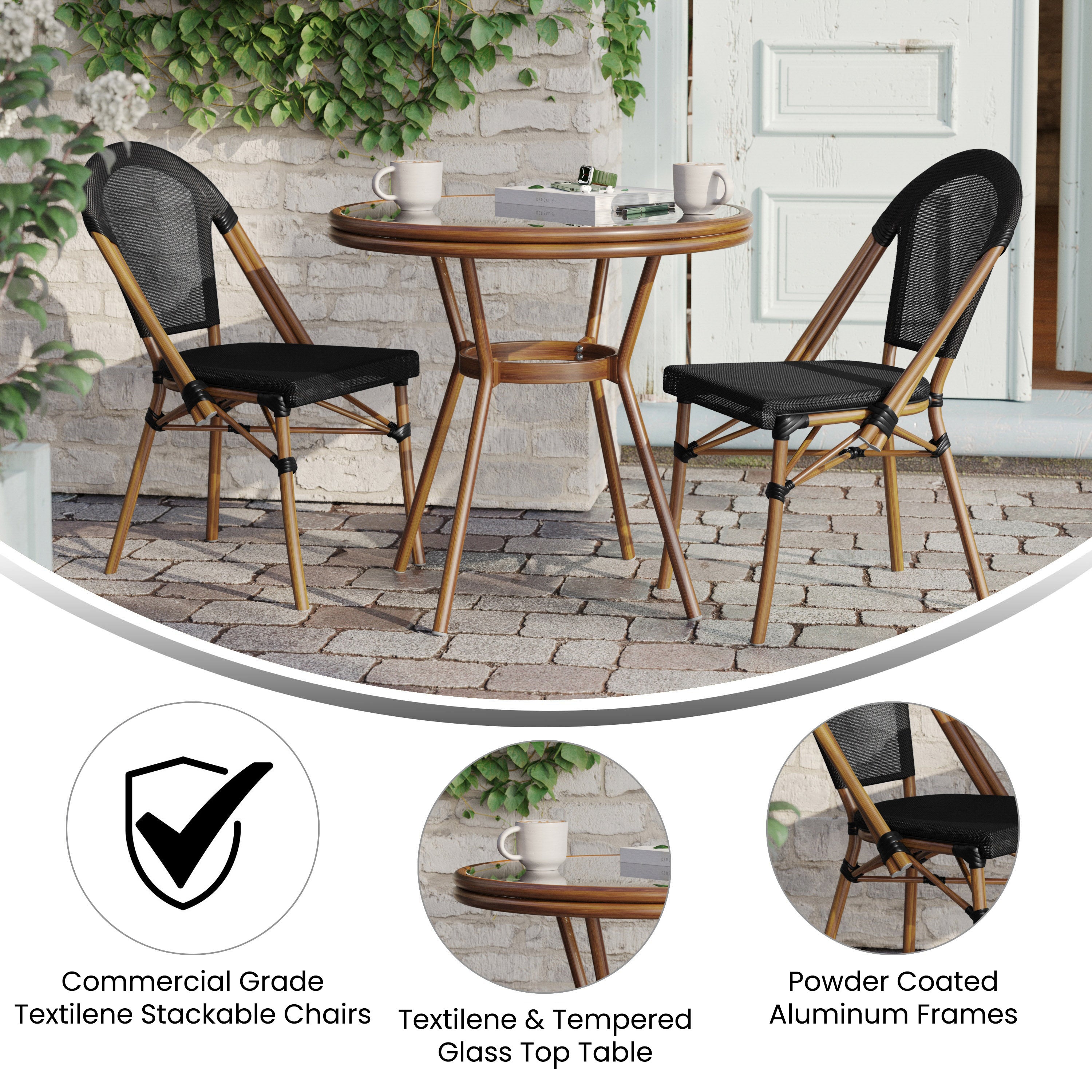Marseille Indoor/Outdoor Commercial Bistro 31.5" Table, Black Textilene, Glass Top with 2 Stack Chairs - Natural Frame