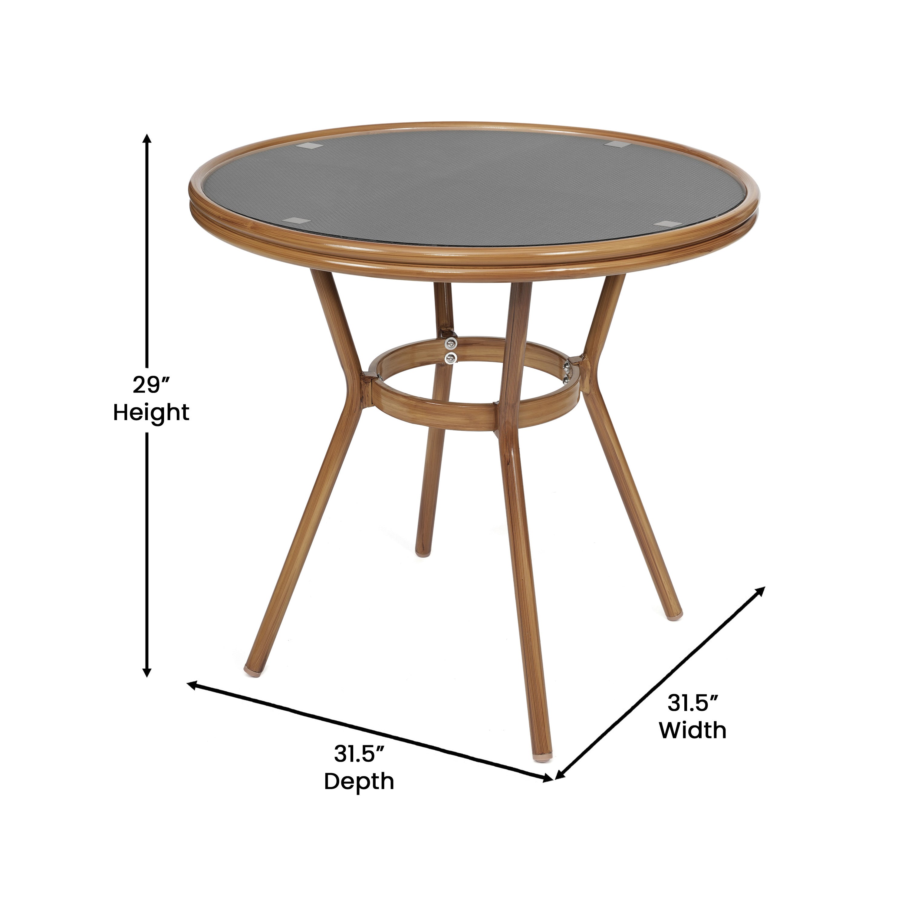 Marseille Indoor/Outdoor Commercial Bistro 31.5" Table, Black Textilene, Glass Top with 2 Stack Chairs - Natural Frame